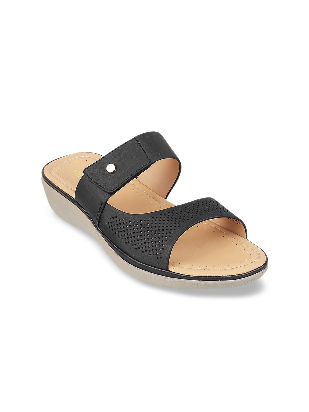 Metro Black Textured Wedge Sandals with Laser Cuts Price in India