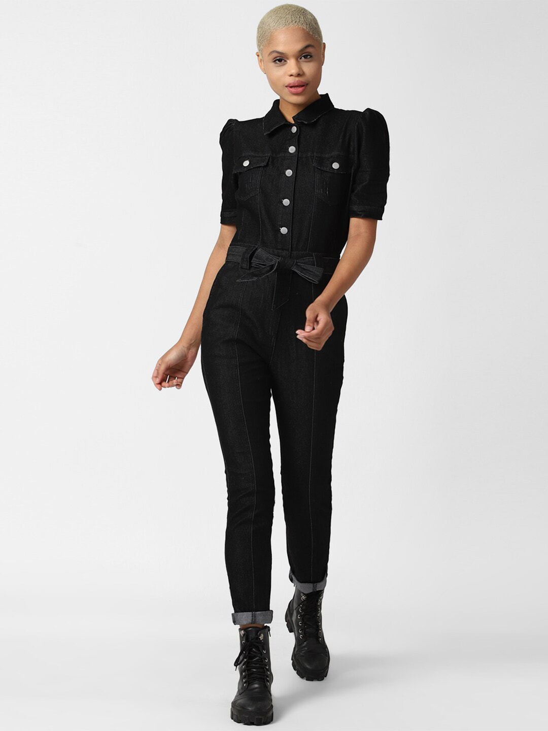 FOREVER 21 Black Denim Button-Up Basic Jumpsuit Price in India