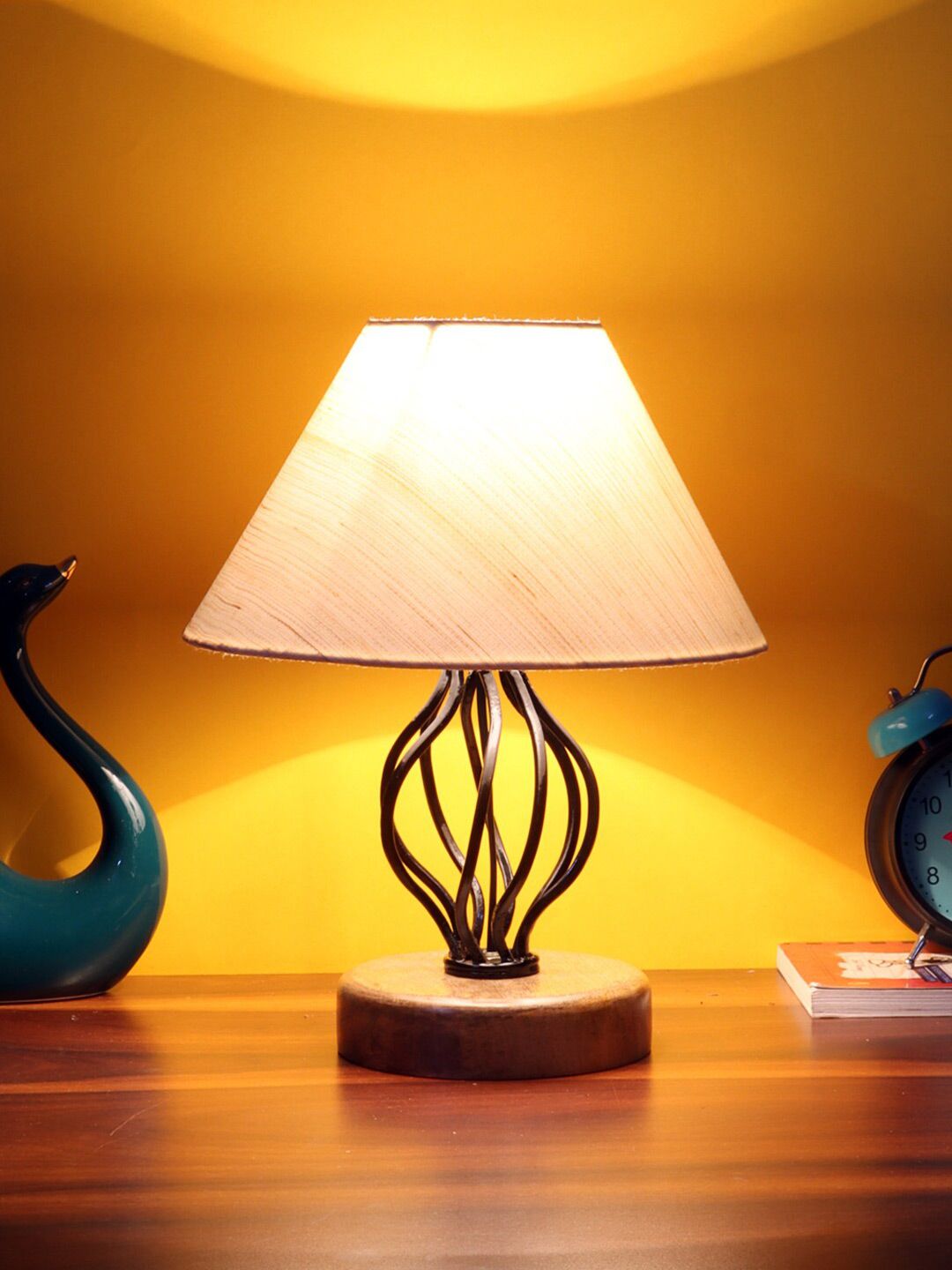 Devansh Off-White Cotton Table Lamp With Wood & Iron Base Price in India