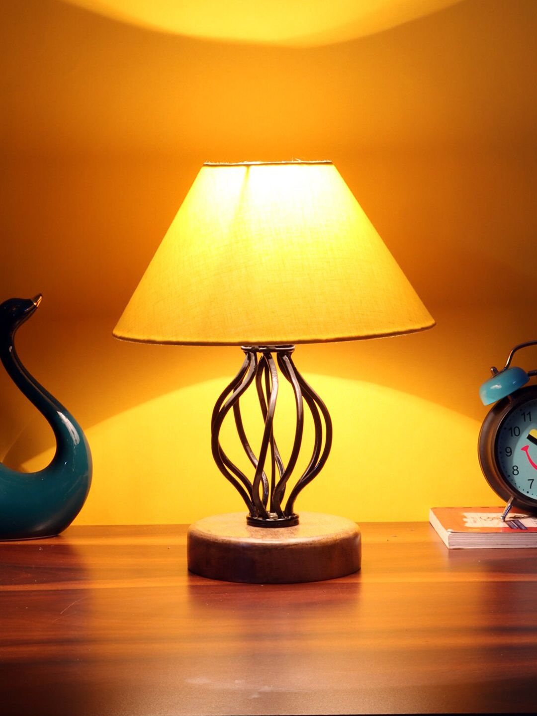 Devansh Yellow Cotton Table Lamp With Wood & Iron Base Price in India