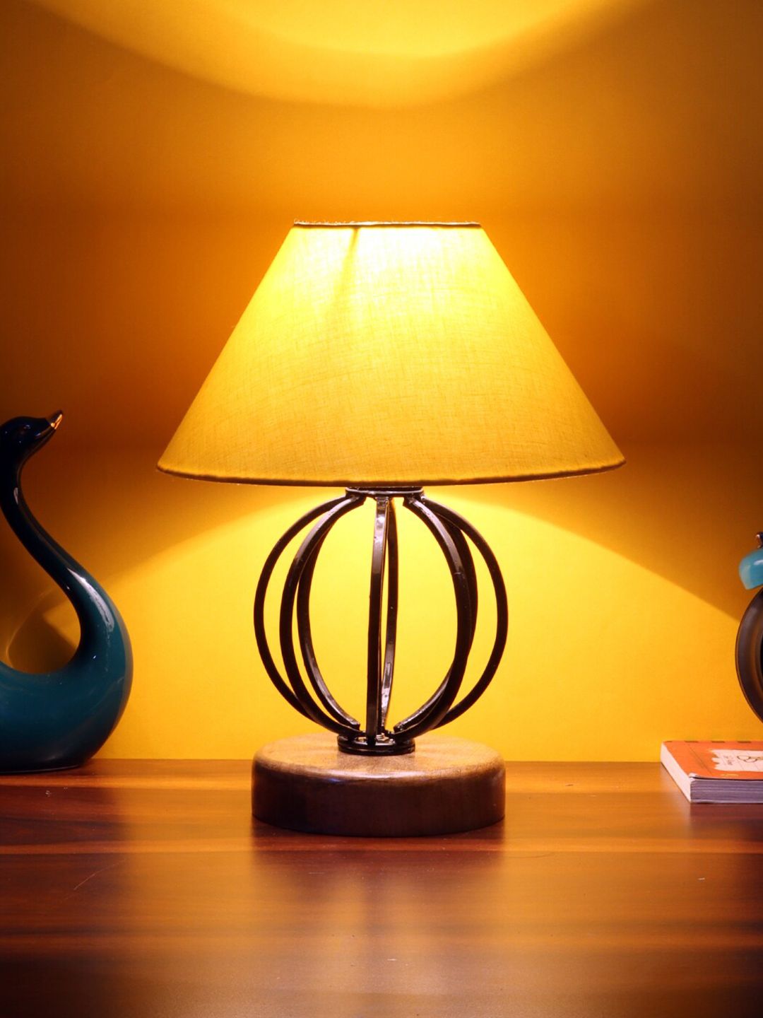Devansh Yellow Cotton Table Lamp with Wood & Iron Base Price in India