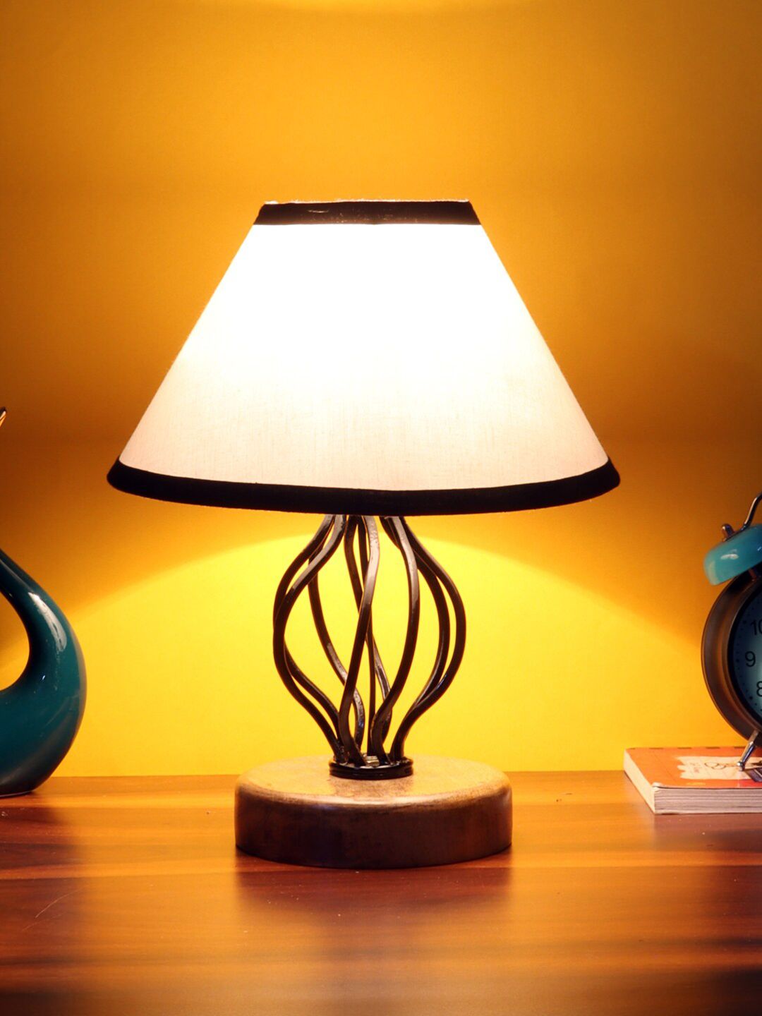 Devansh White & Black Cotton Table Lamp with Wood & Iron Base Price in India