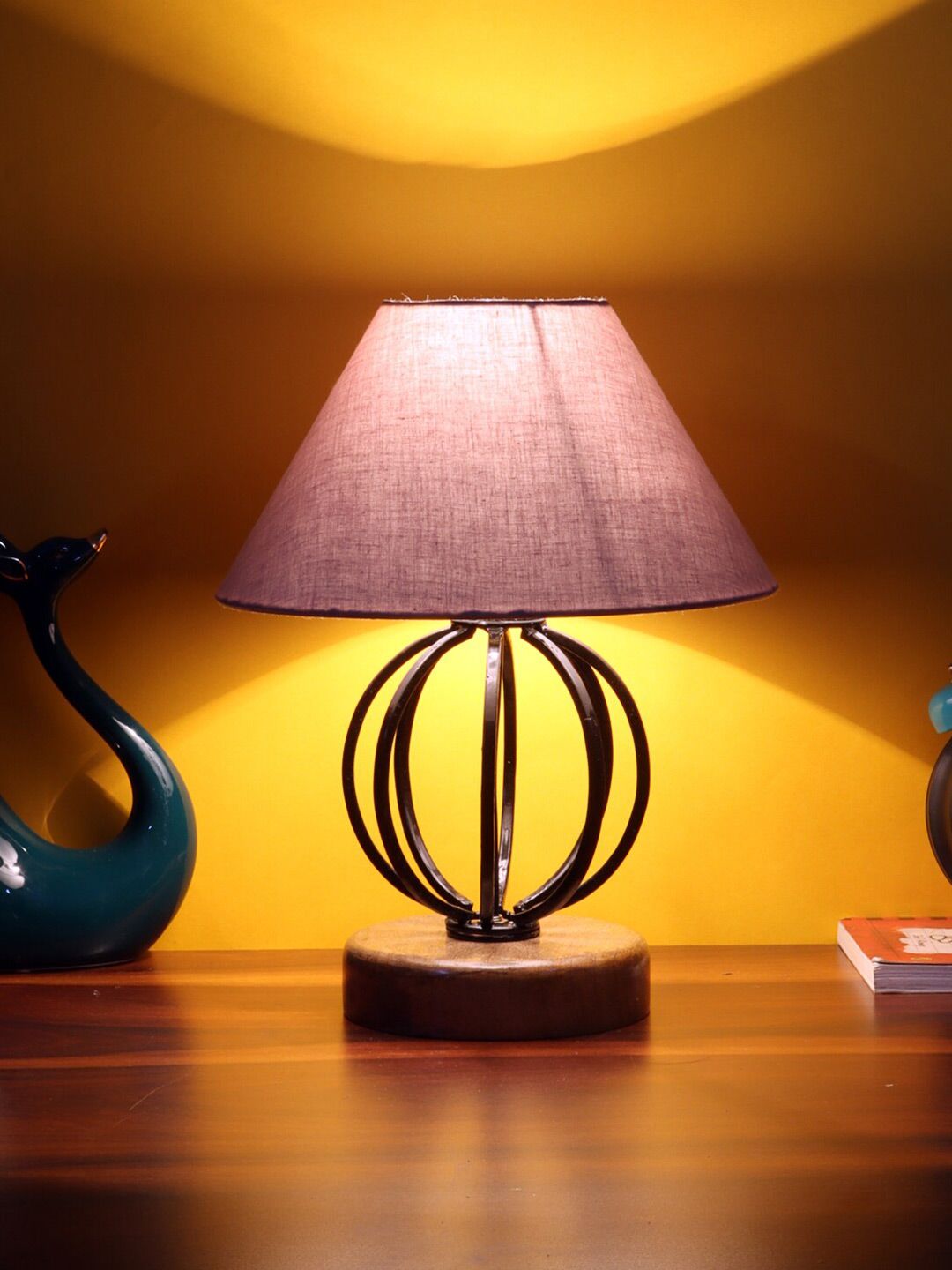 Devansh Grey Cotton Table lamp with Wood & Iron Base Price in India