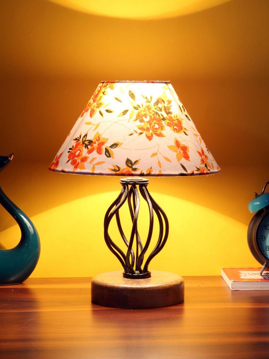 Devansh White & Orange Printed Cotton Table Lamp With Wood & Iron Base Price in India