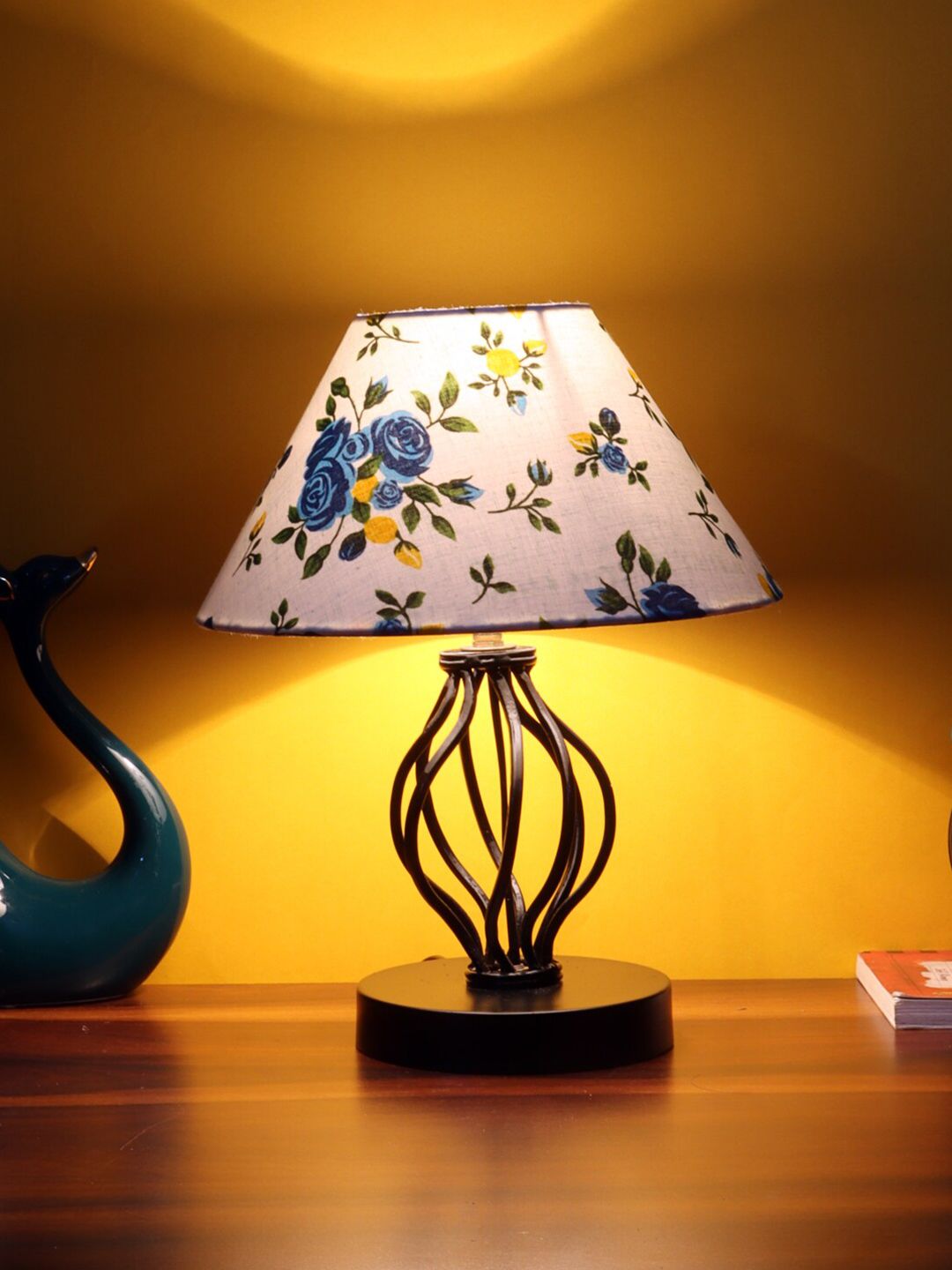 Devansh White & Blue Printed Cotton Table Lamp With Iron Base Price in India