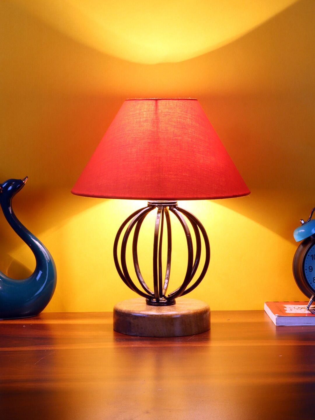 Devansh Orange Cotton Table Lamp With Wood & Iron Base Price in India