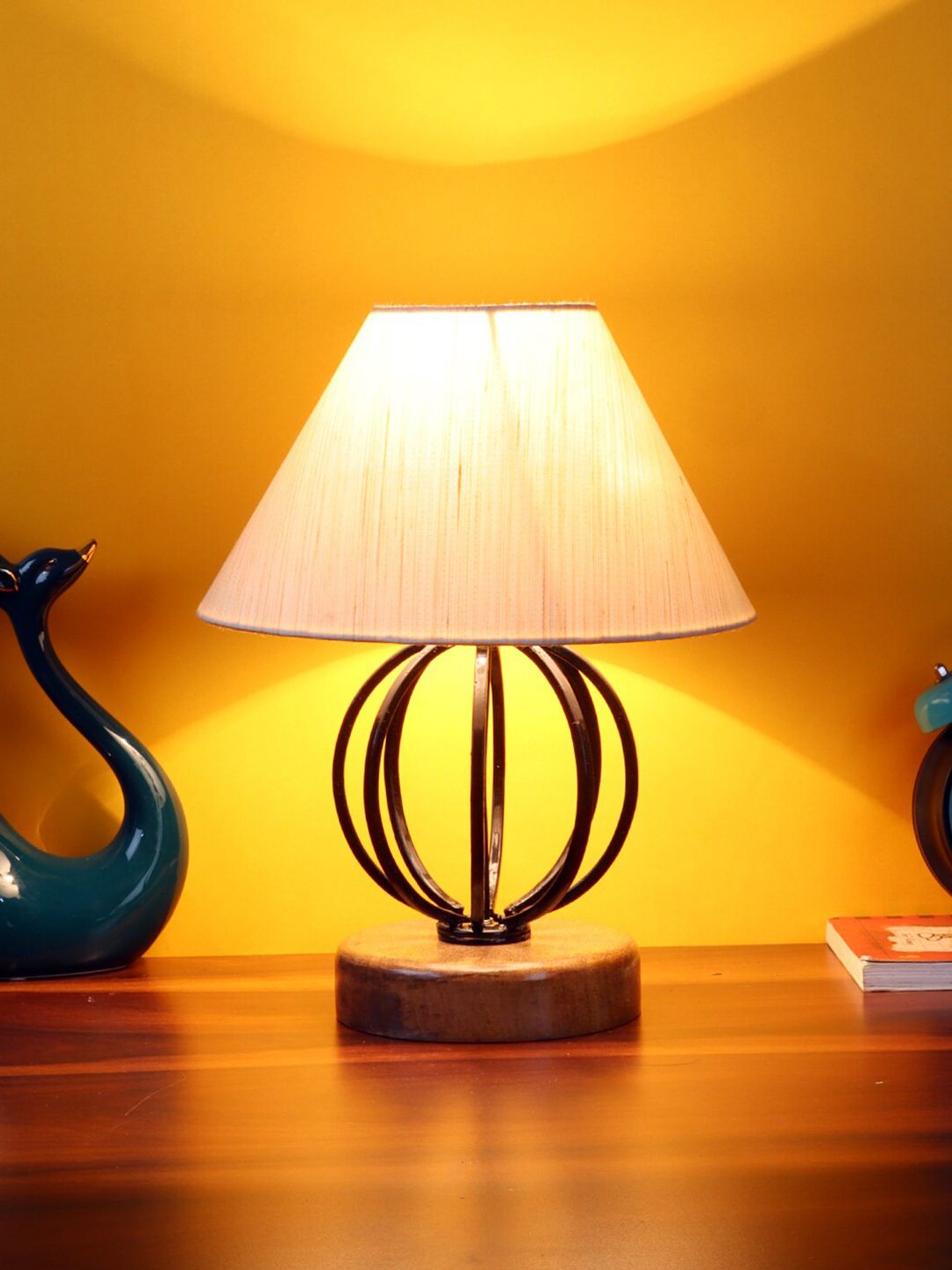 Devansh off-white Cotton Table Lamp With Wood & Iron Base Price in India