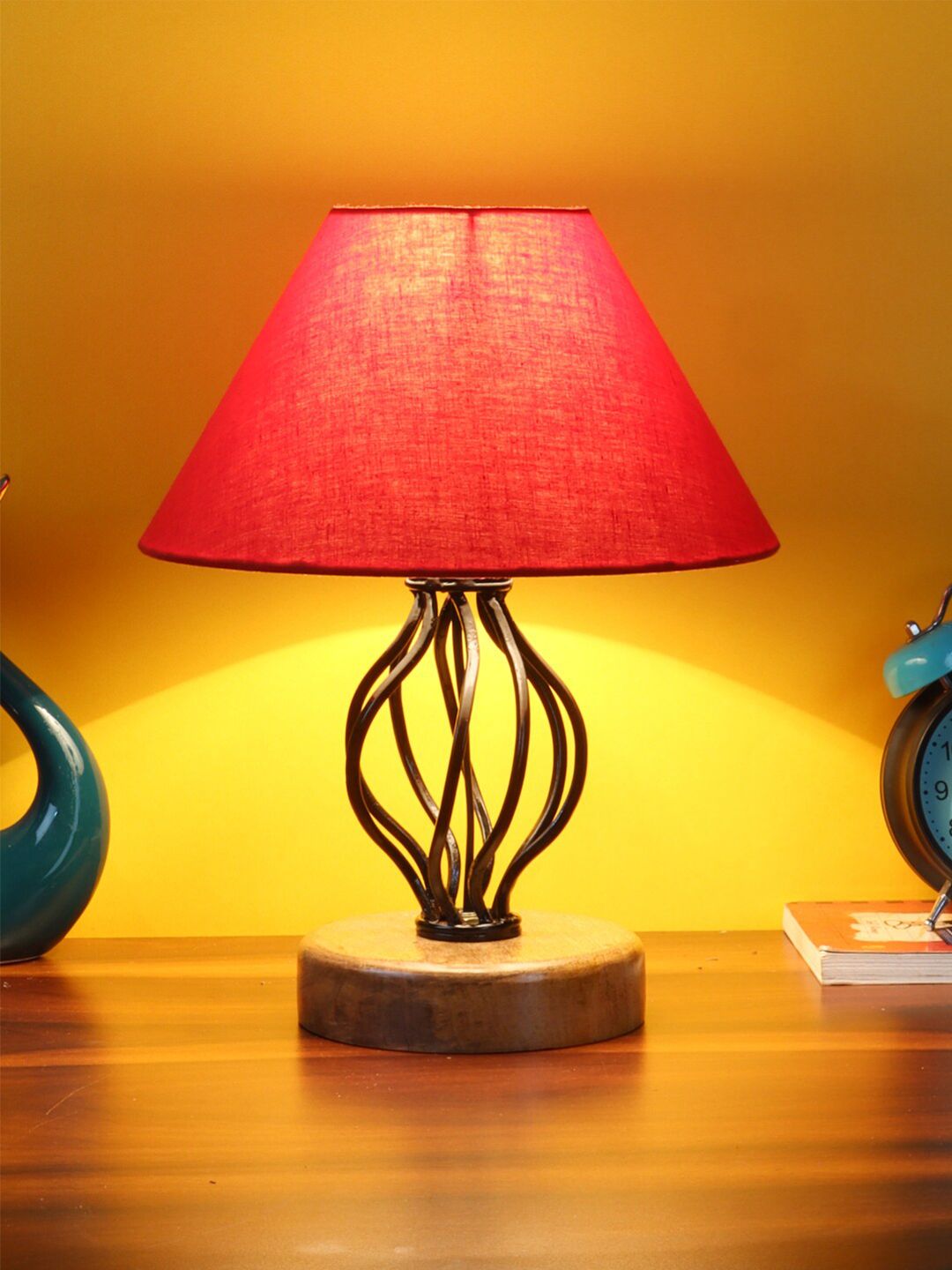 Devansh Red Cotton Table Lamp With Wood & Iron Base Price in India