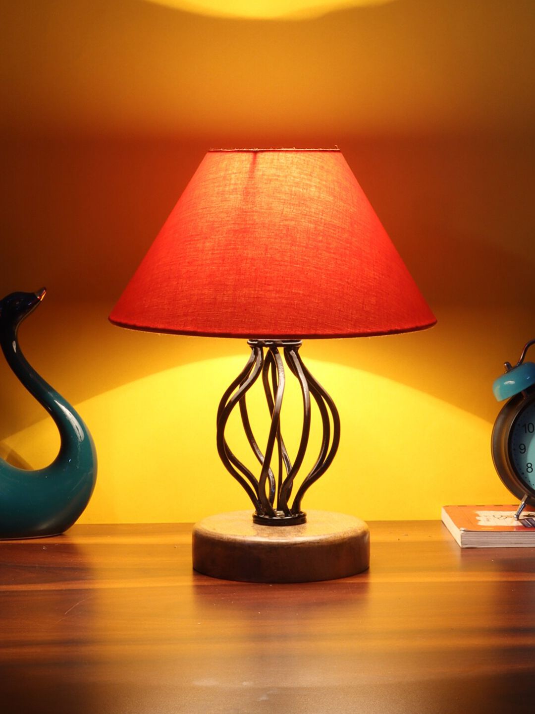 Devansh Orange Cotton Table Lamp with Wood & Iron Base Price in India
