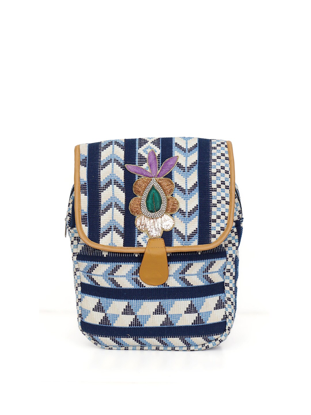 Diwaah Women Blue & White Geometric Embellished Pure Cotton Backpack Price in India
