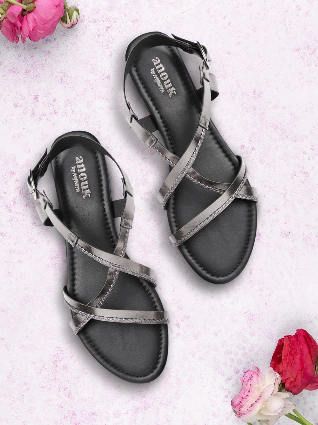 Anouk Women Gunmetal-Toned Braided Open Toe Flats Price in India