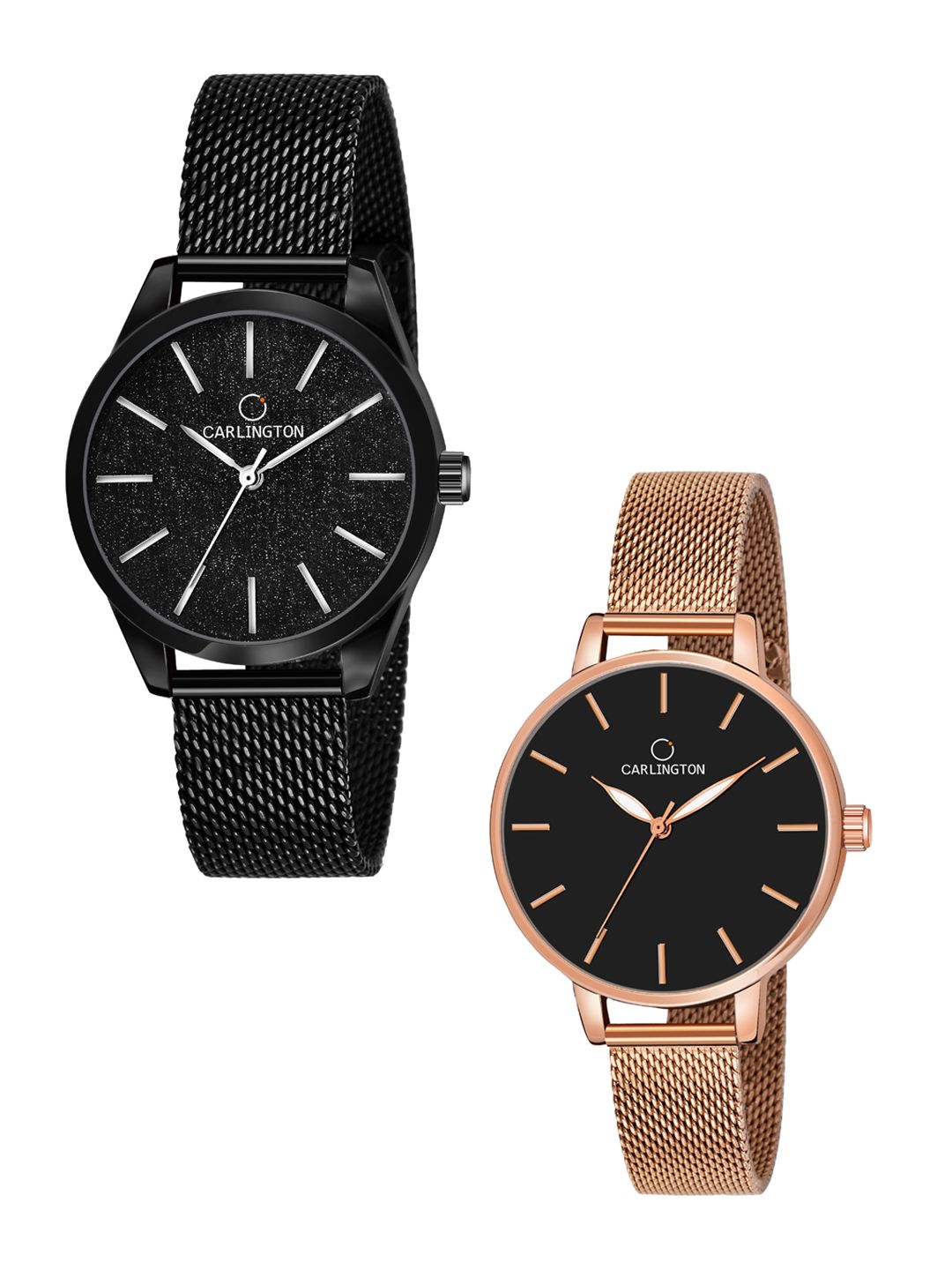 CARLINGTON Unisex Pack Of 2 Multicoloured Analogue Watch-CT2001 Black-CT2014 RoseBlack Price in India