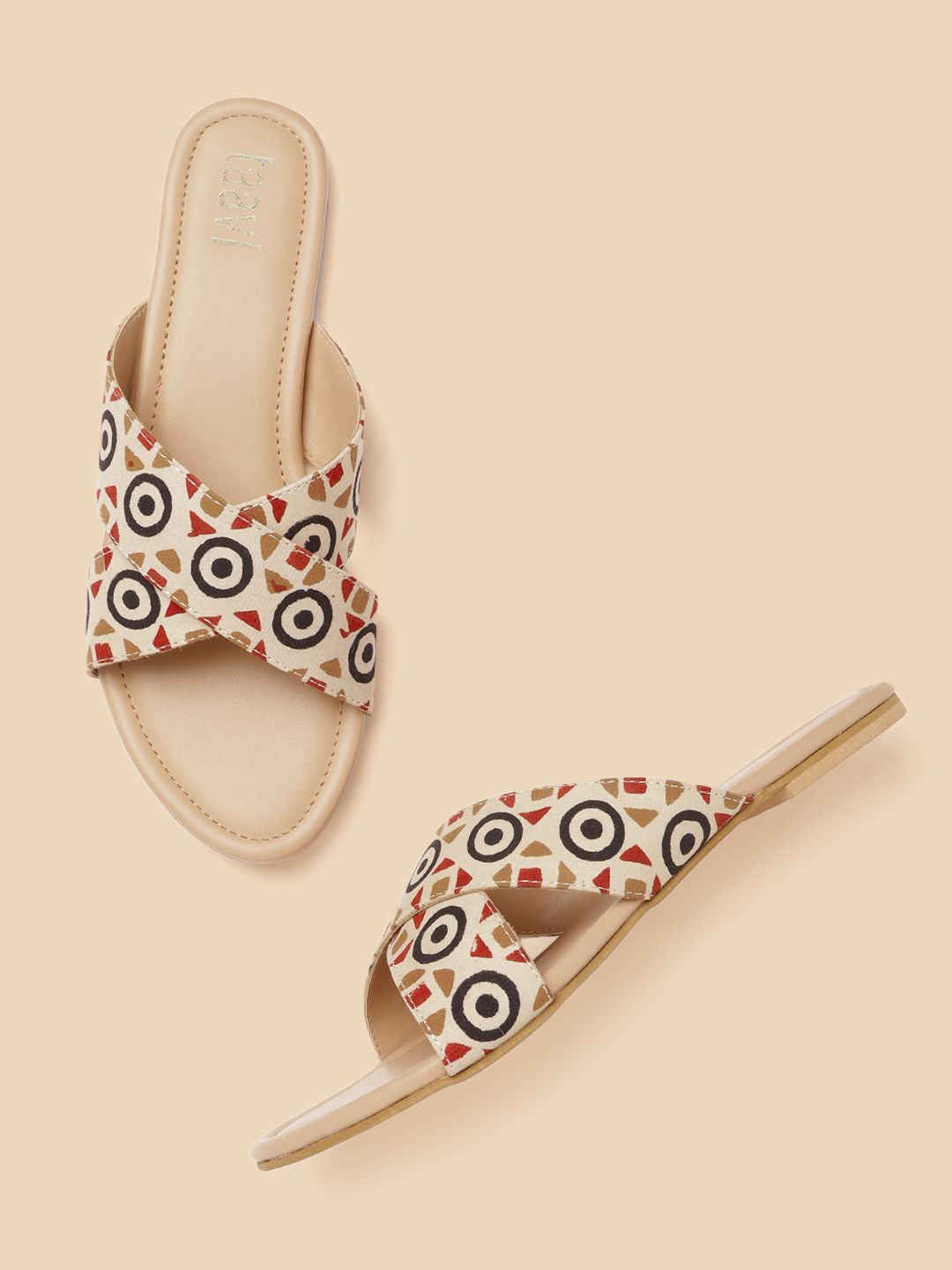 Taavi Women Cream-Coloured & Red Geometric Print Criss-Cross Handcrafted Open Toe Flats Price in India