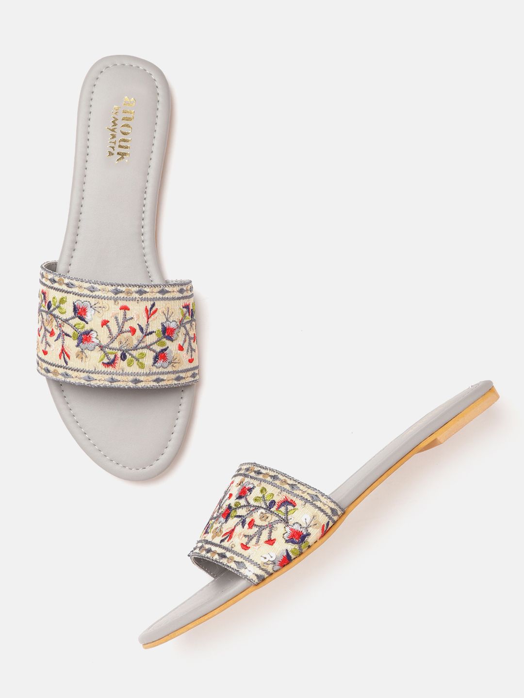 Anouk Women Grey & Beige Floral Woven Design Open Toe Flats Price in India