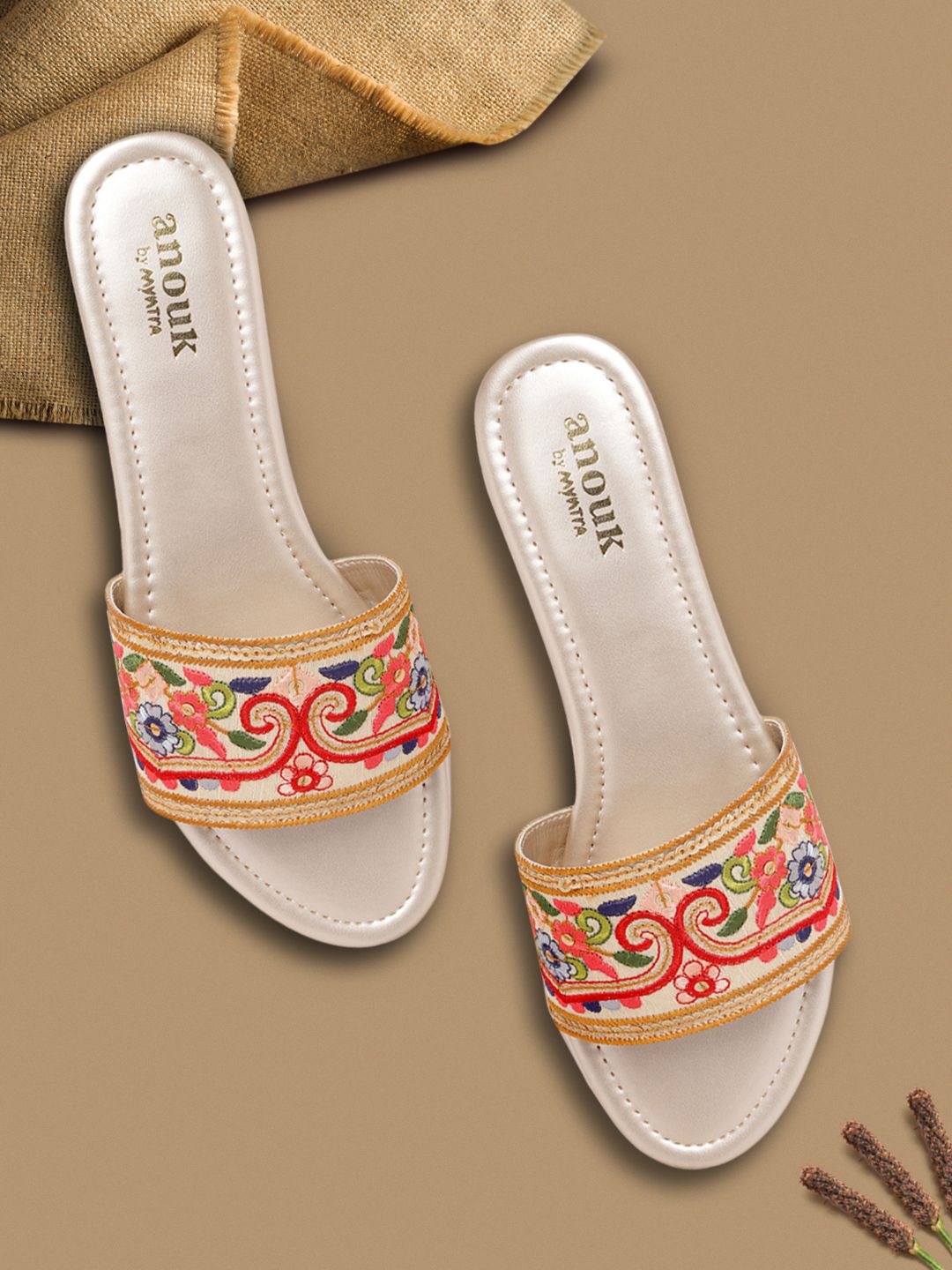 Anouk Women Beige Floral Woven Design Ethnic Open Toe Flats Price in India
