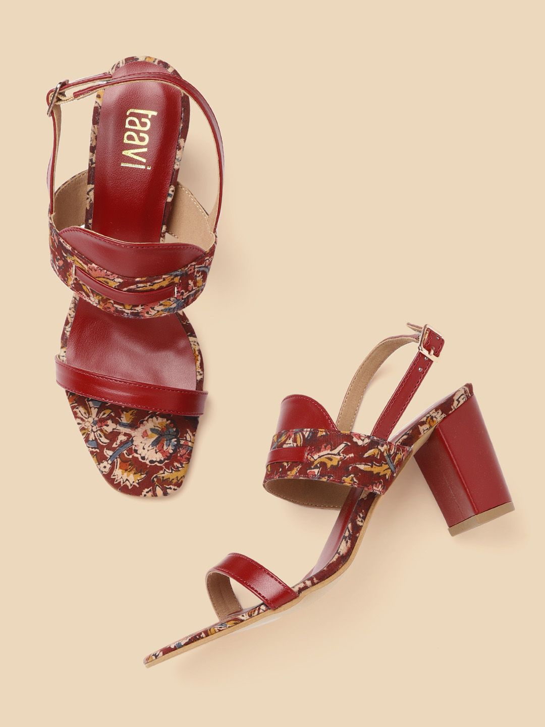 Taavi Maroon & Beige Floral Print Handcrafted Sandals Price in India