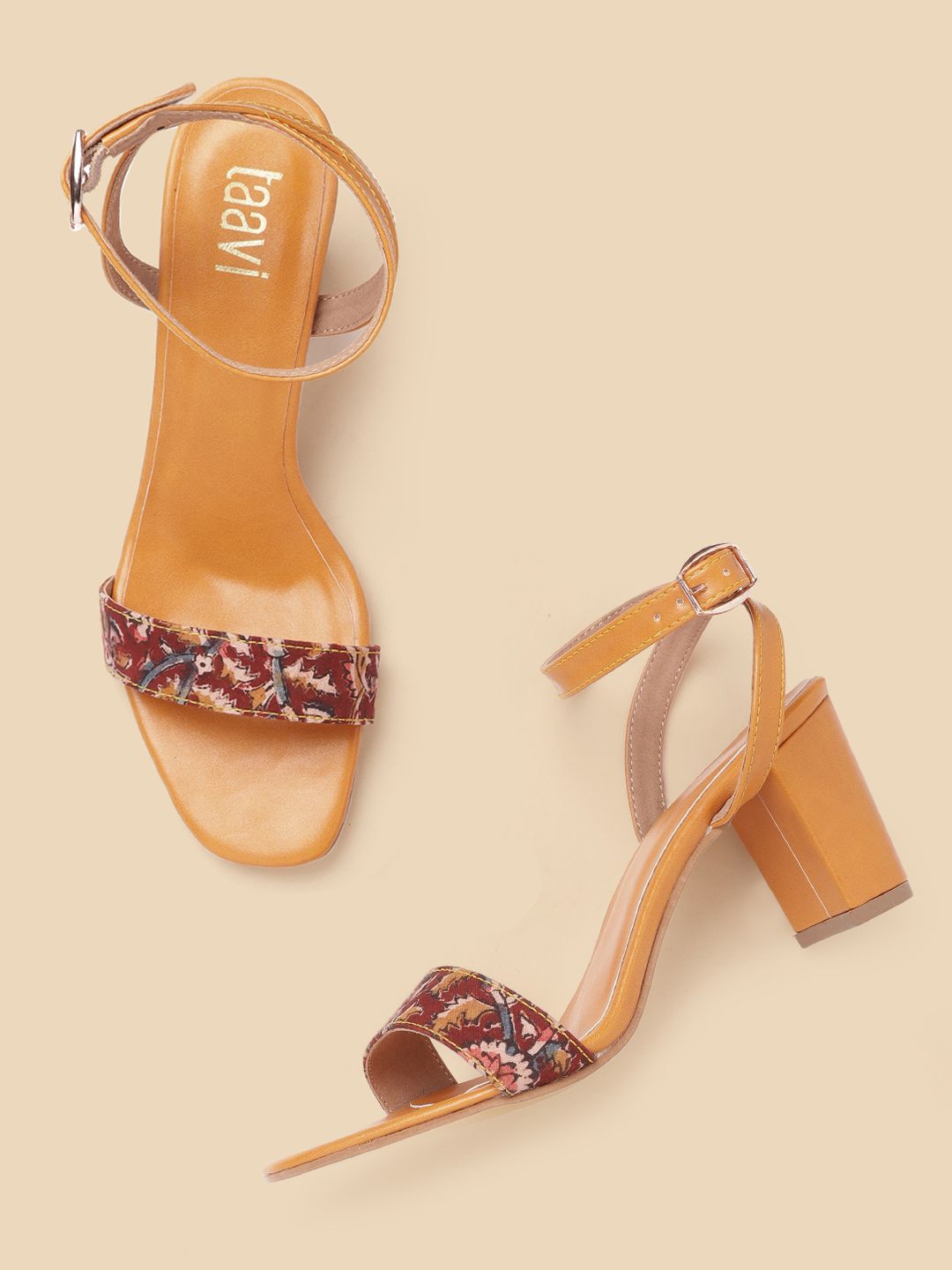 Taavi Women Tan & Maroon Floral Print Handcrafted Block Sandals Price in India