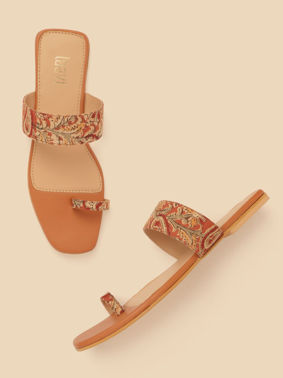 Taavi Women Tan Brown & Beige Printed Handcrafted One-Toe Flats Price in India