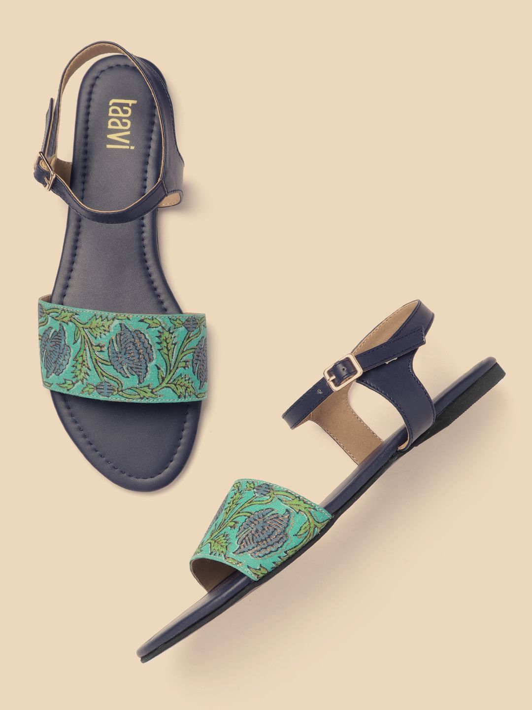 Taavi Women Green Floral Print Handcrafted Open Toe Flats Price in India