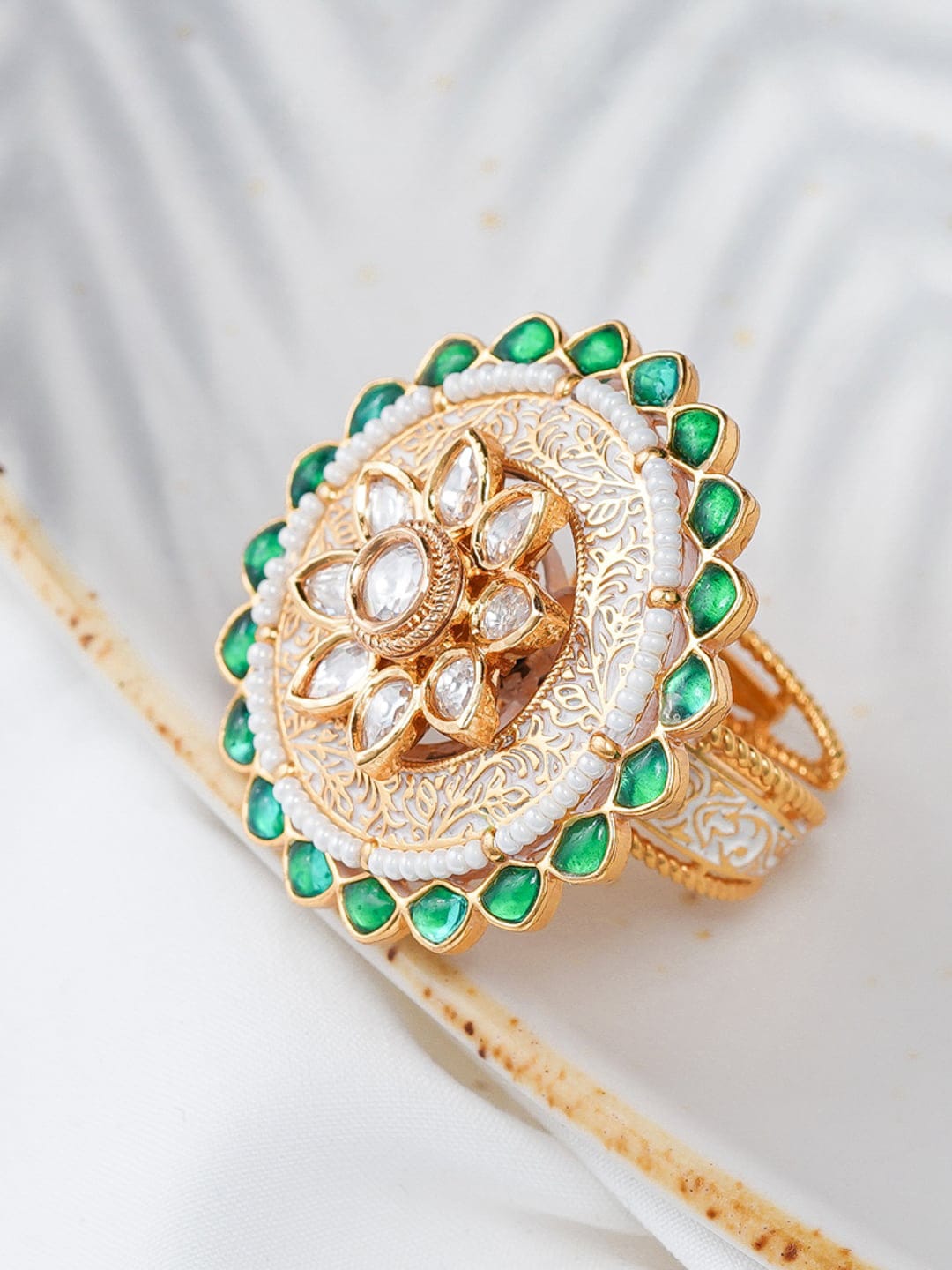 Queen Be Green & Gold Toned Ruby Studded Adjustable Finger Ring Price in India