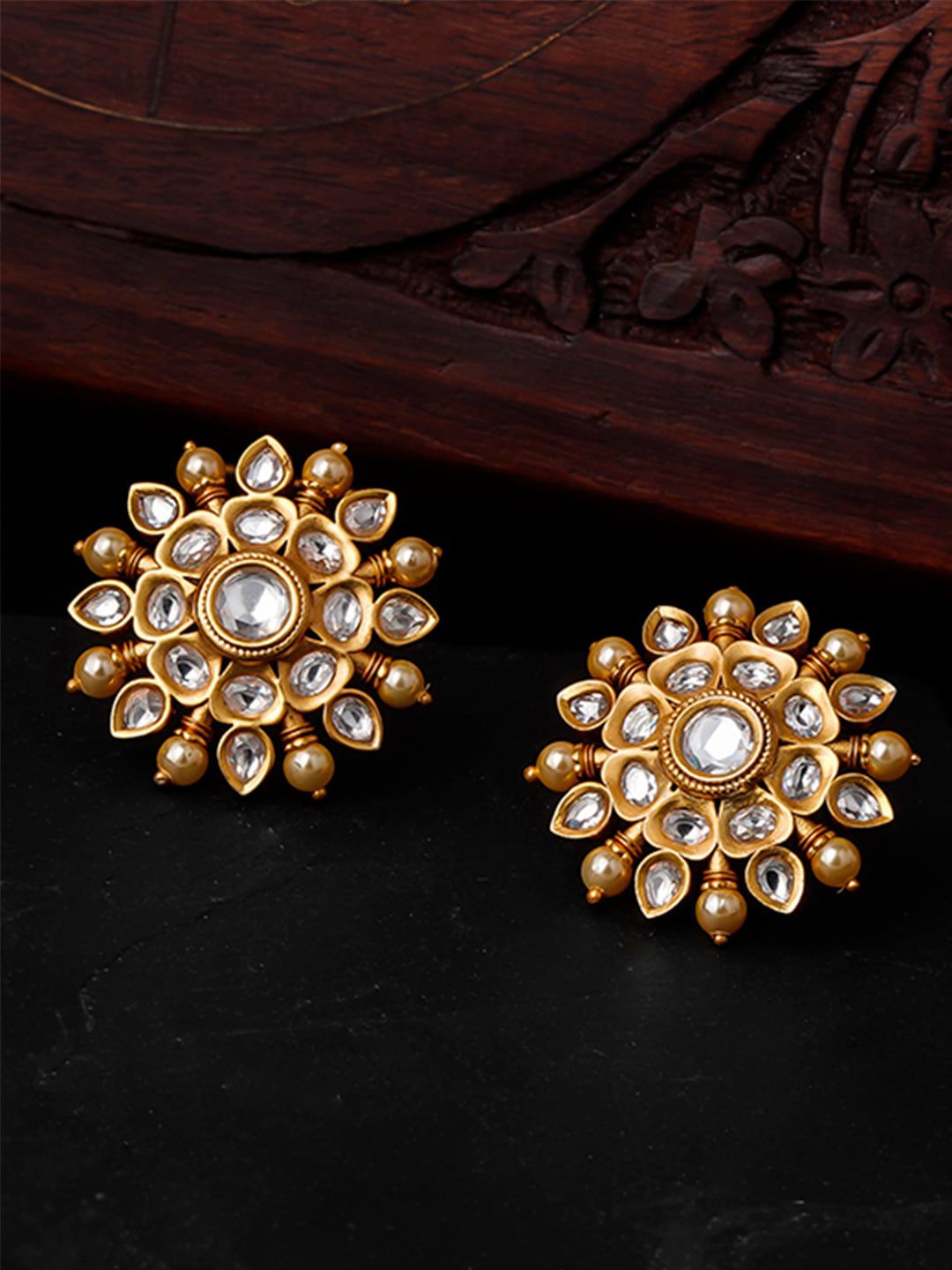 Queen Be Gold-Toned Stones Studded Floral Studs Earrings Price in India