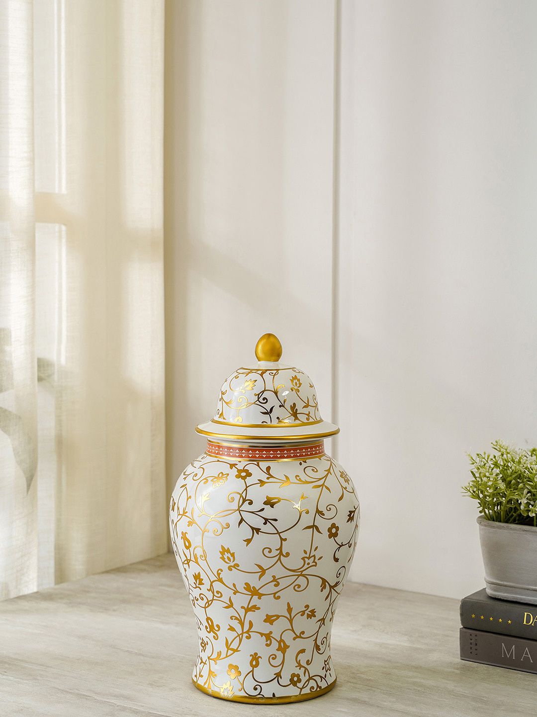Pure Home and Living Gold Floral Ceramic Urn Price in India