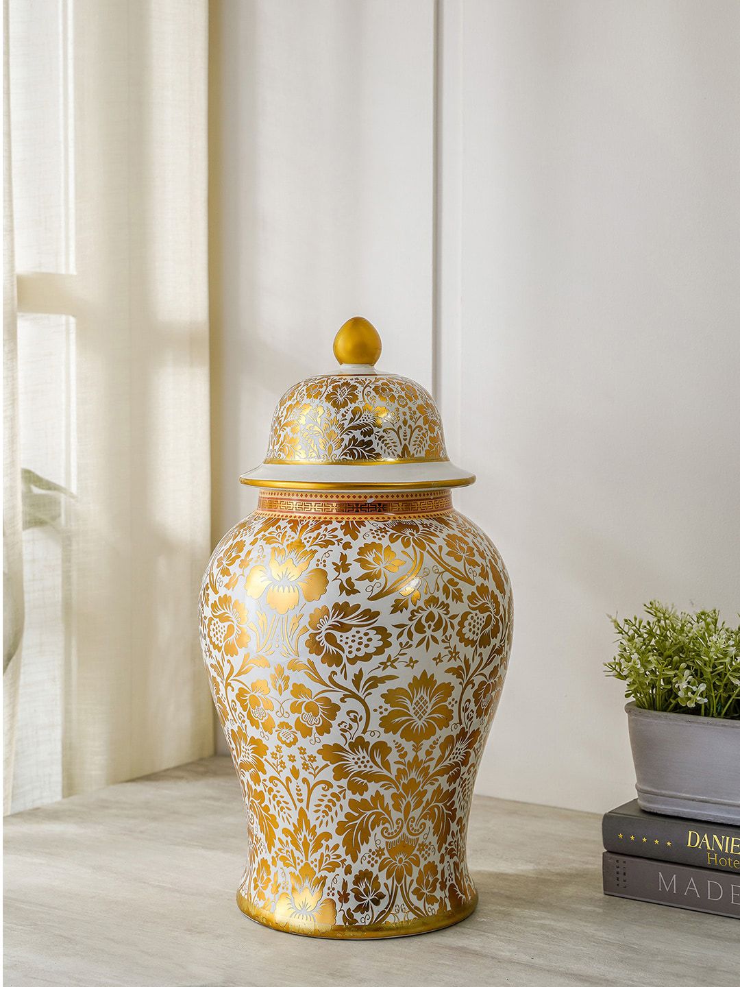 Pure Home and Living Gold Toned & White Printed Umbra Ceramic Urn Price in India