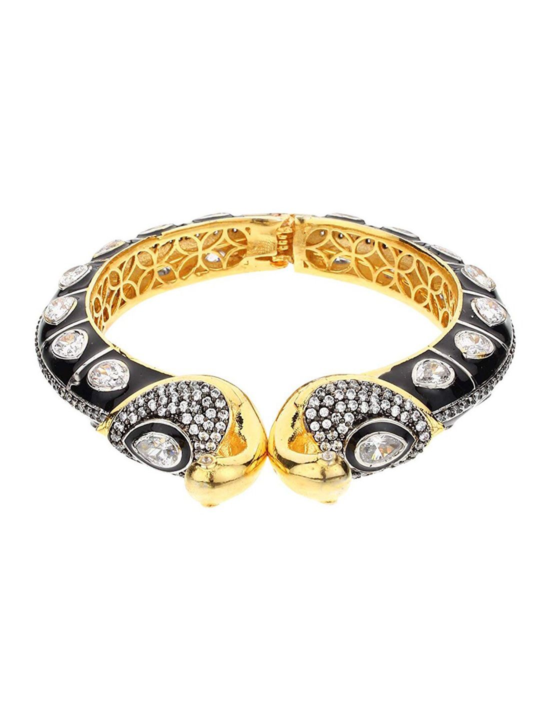 Runjhun Women Gold-Toned & Black Brass Cubic Zirconia Meenakari Bangle-Style Bracelet Price in India
