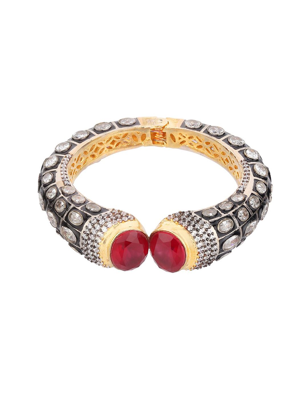 Runjhun Women Gold-Toned & Red Brass Cubic Zirconia Gold-Plated Kada Bracelet Price in India
