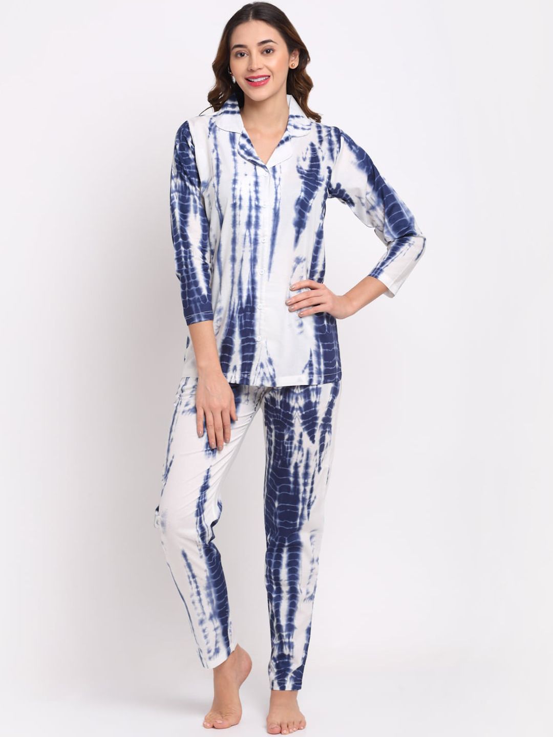 Boston Club Women White & Blue Printed Pure Cotton Night suit Price in India