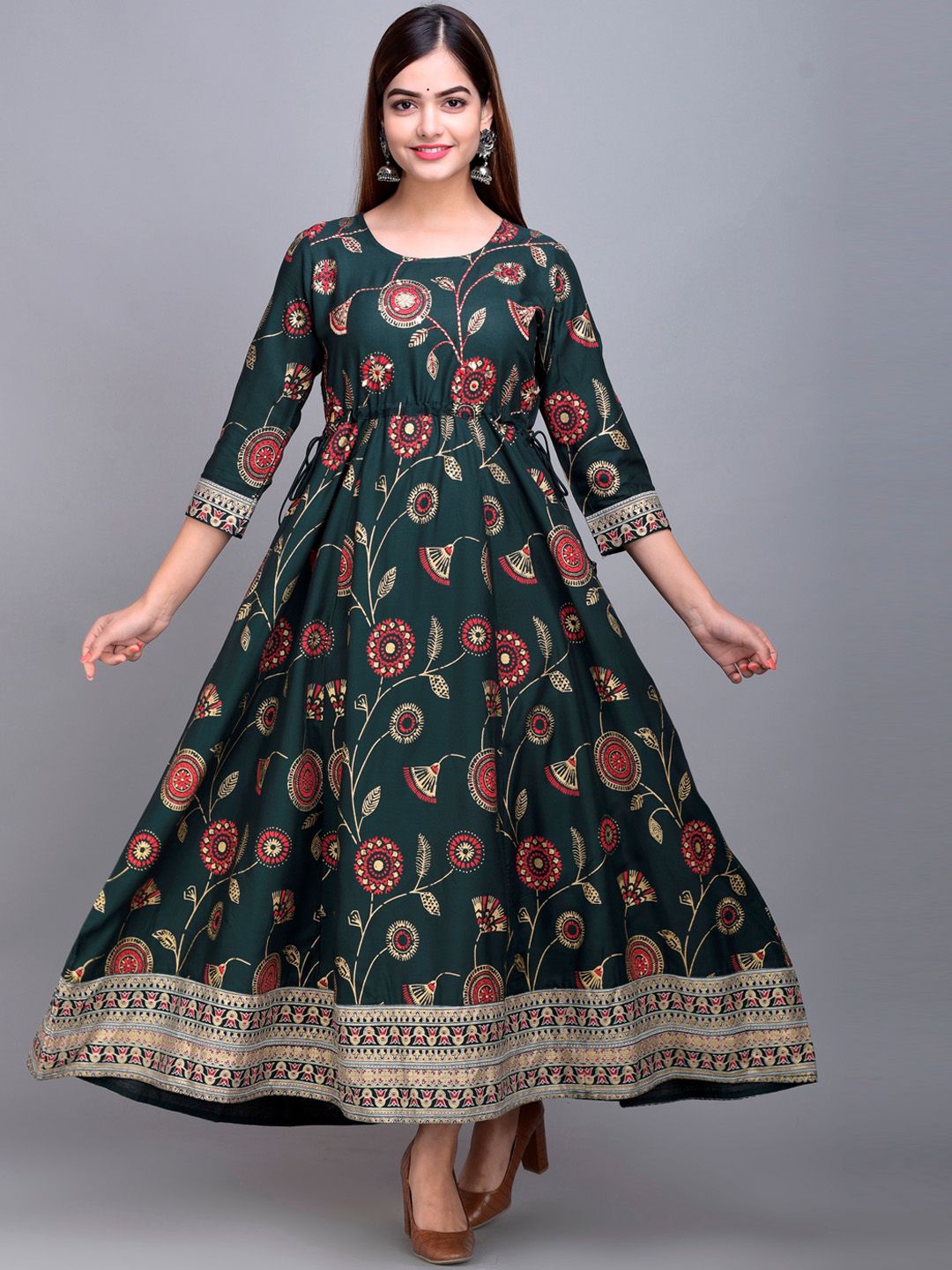 DIVYANK Women Green & Pink Ethnic Motifs Printed Mirror Work Anarkali Kurta Price in India