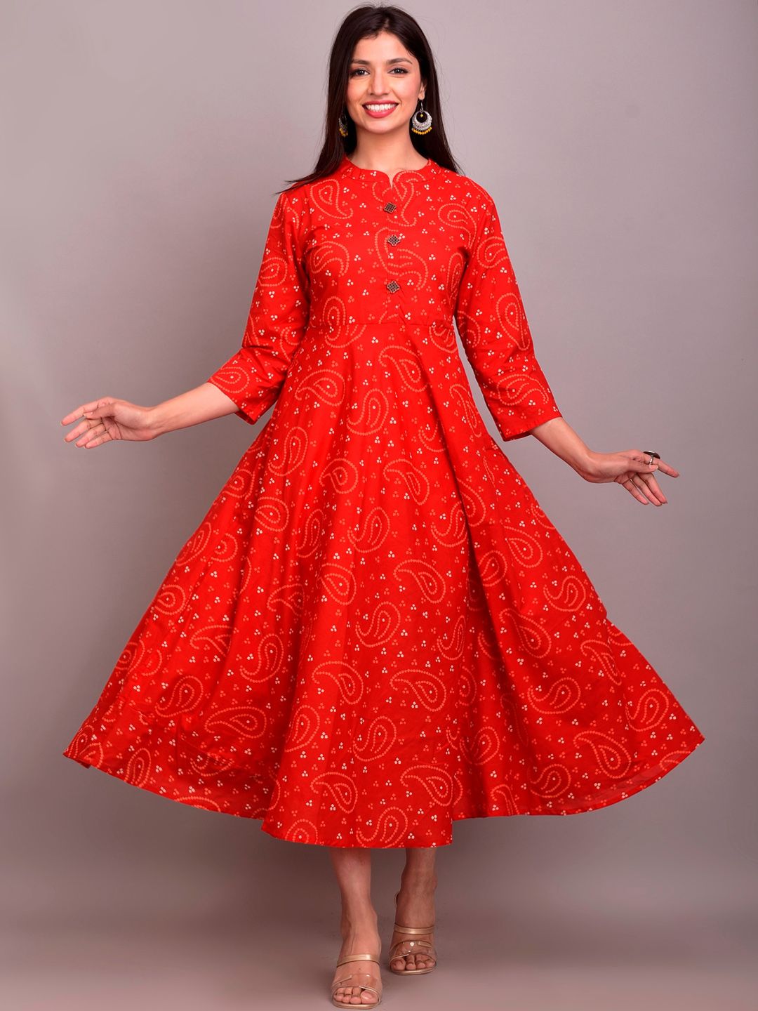 DIVYANK Women Red Ethnic Motifs Printed Keyhole Neck Flared Sleeves Thread Work Anarkali Kurta Price in India