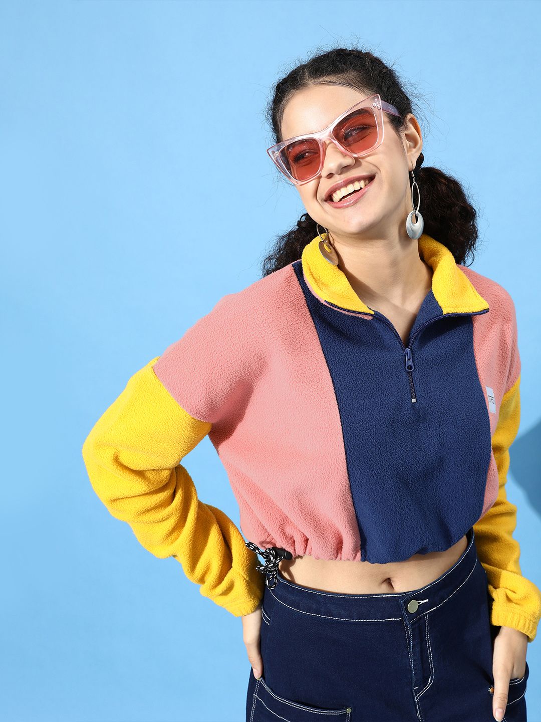 STREET 9 Women Attractive Peach Colourblocked Cropped Sweatshirt Price in India