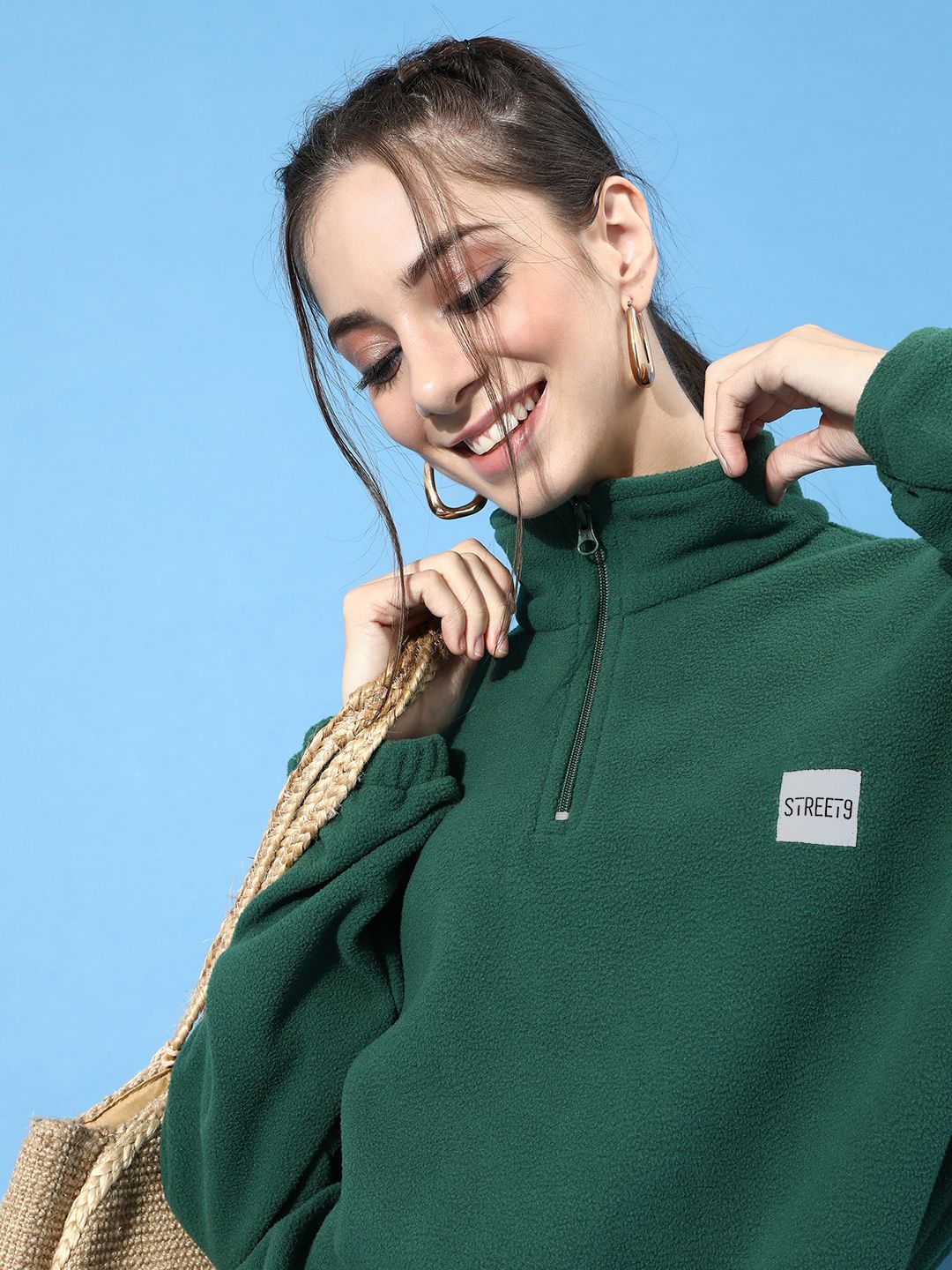 STREET 9 Women Green Solid Fleece Sweatshirt Price in India