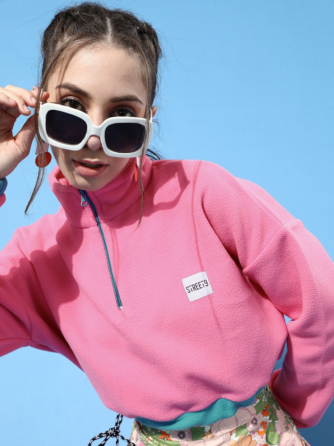 STREET 9 Women Pretty Pink Solid Cropped Sweatshirt Price in India