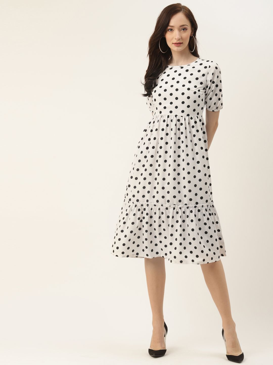BRINNS White & Black Polka Dots Printed Crepe Dress Price in India