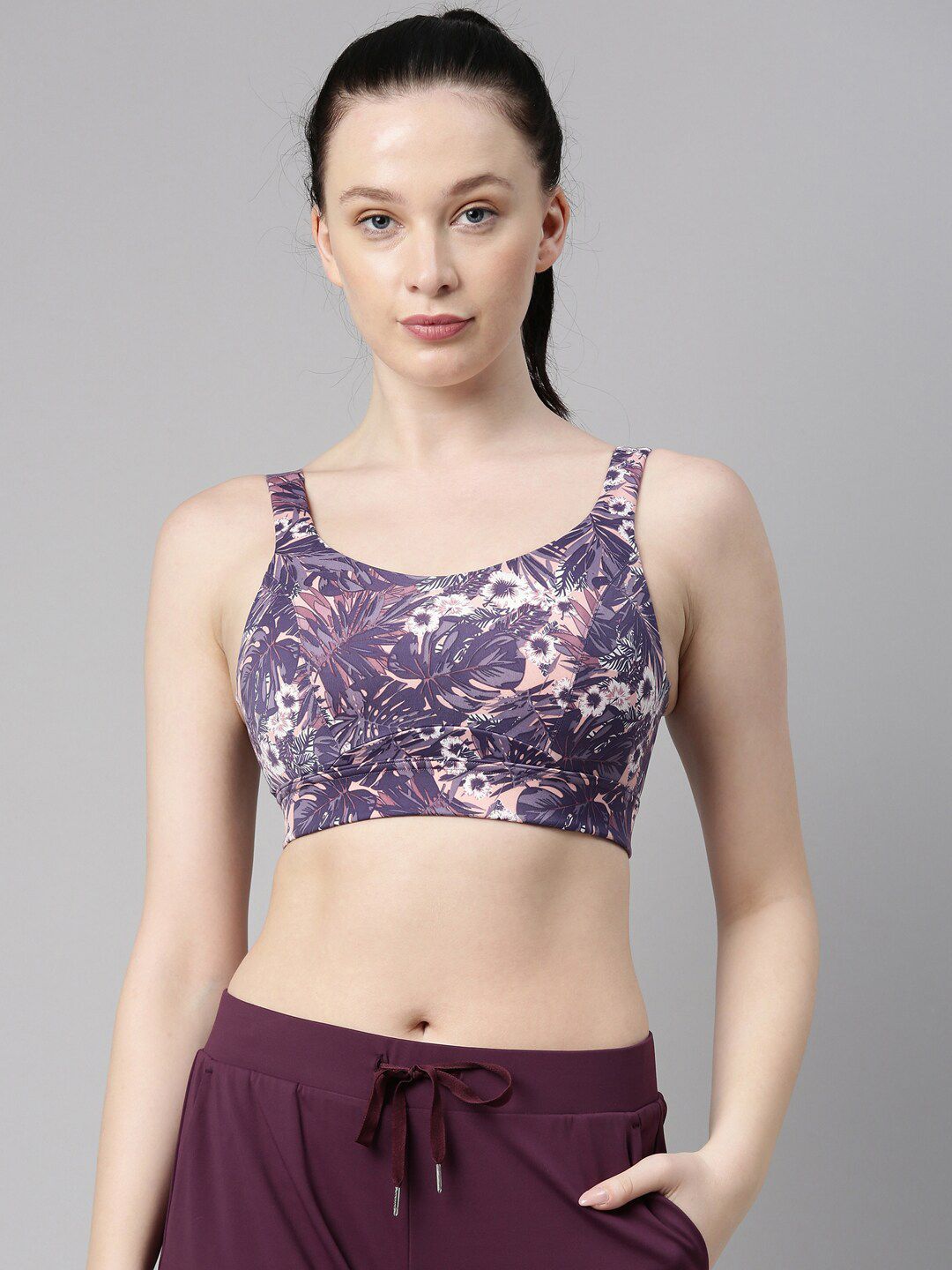 Enamor Purple & Cream-Coloured Floral Workout Bra Lightly Padded Price in India