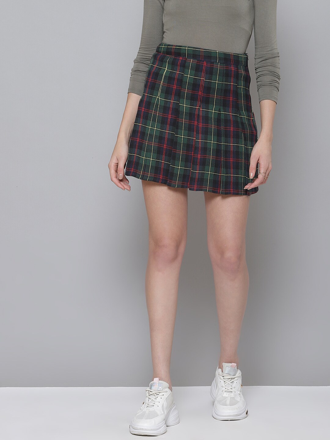 SASSAFRAS Green & Navy Blue Checked A-Line Pure Cotton Skirt Price in India