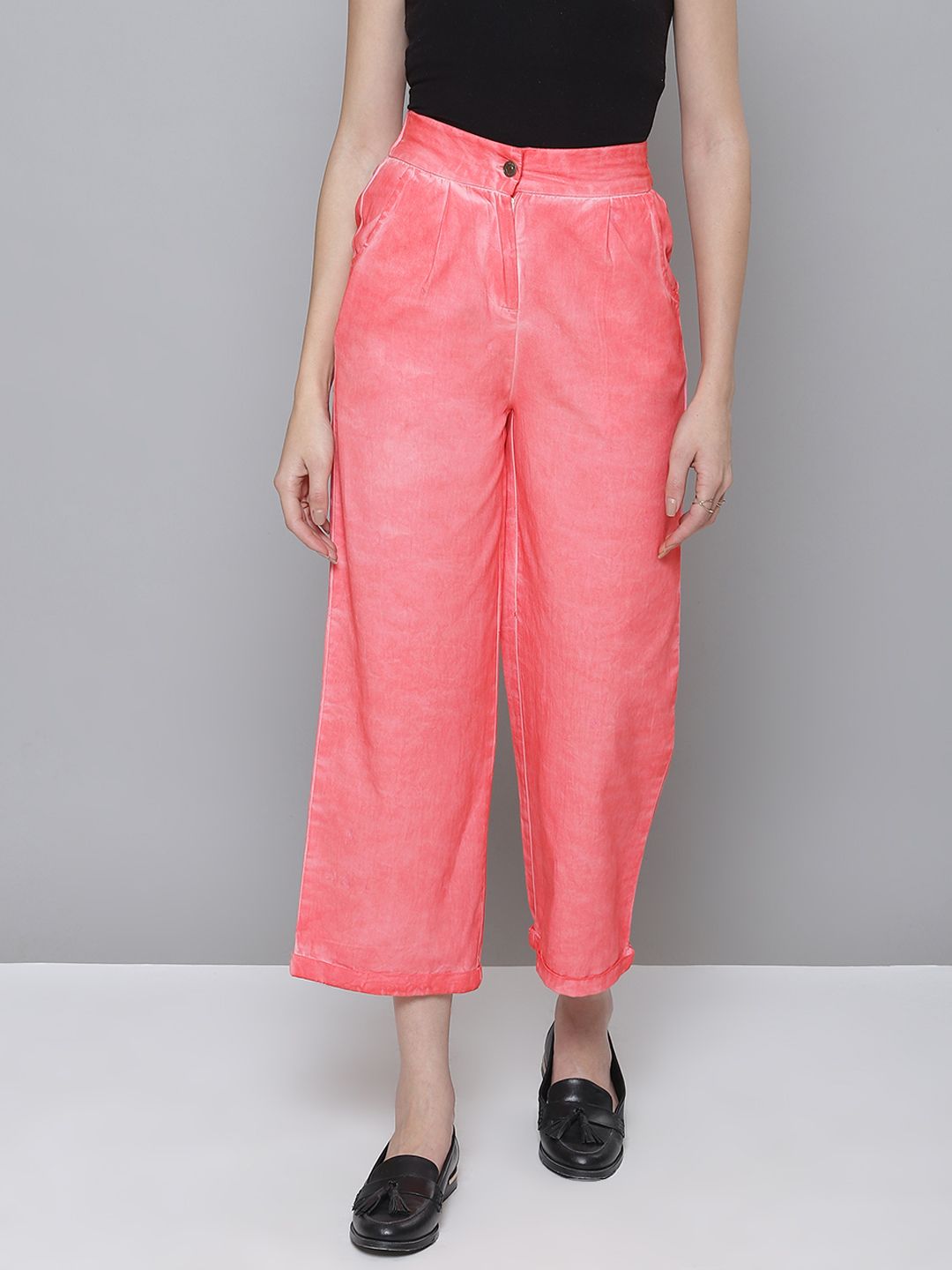 SASSAFRAS Women Pink Cotton Twill Faded Culottes Trousers Price in India