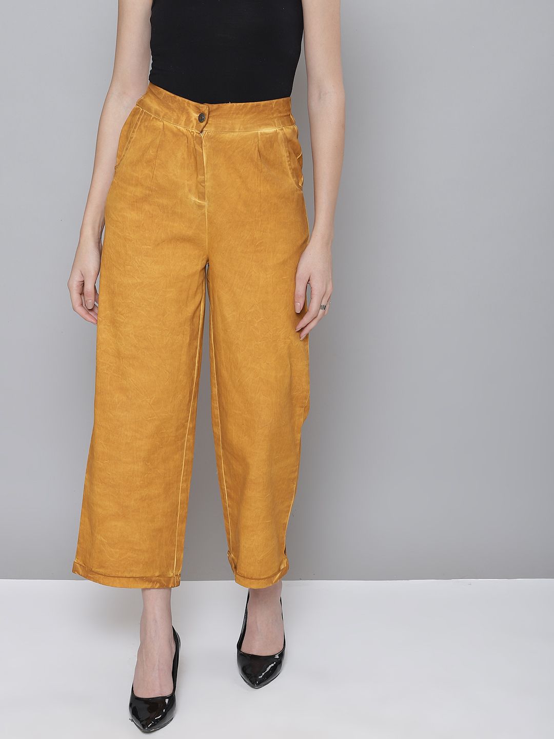 SASSAFRAS Women Mustard Yellow Twill Cotton Faded Culottes Trousers Price in India