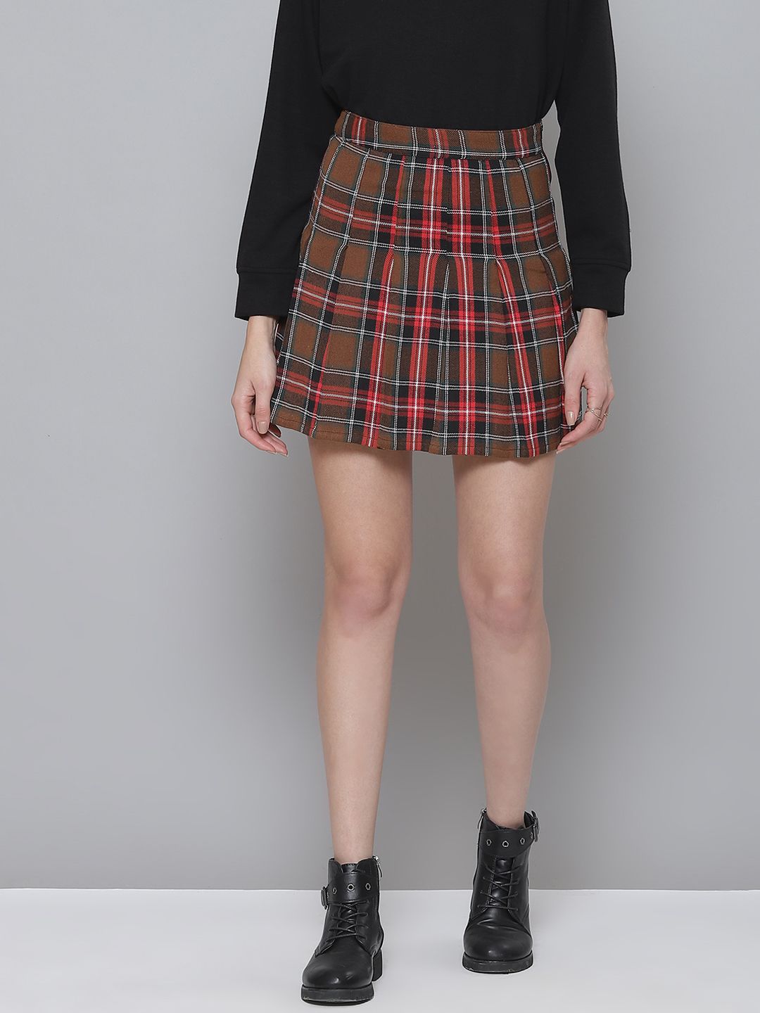 SASSAFRAS Women Brown & Red Plaid Check Mini Skirt Price in India