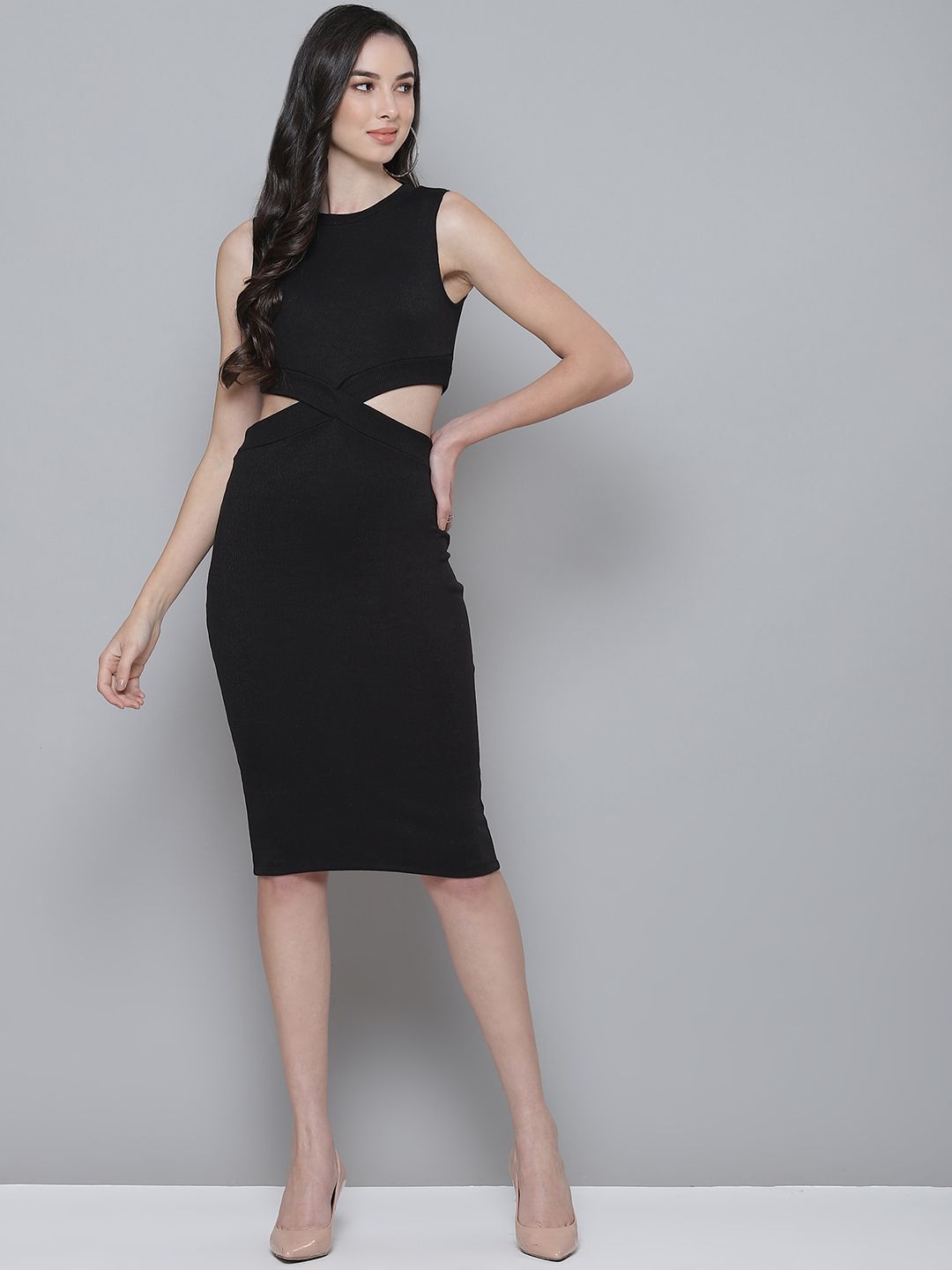 SASSAFRAS Black Ribbed Cut-Out Bodycon Dress Price in India
