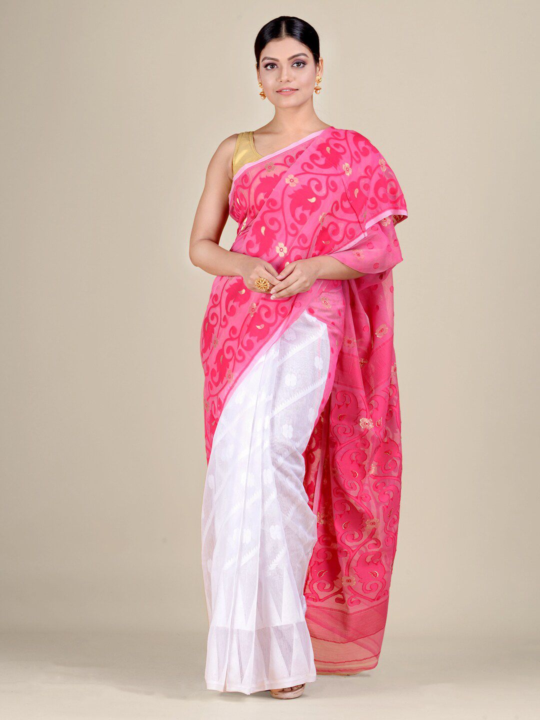 Mitera White & Pink Ethnic Motifs Silk Cotton Jamdani Saree Price in India