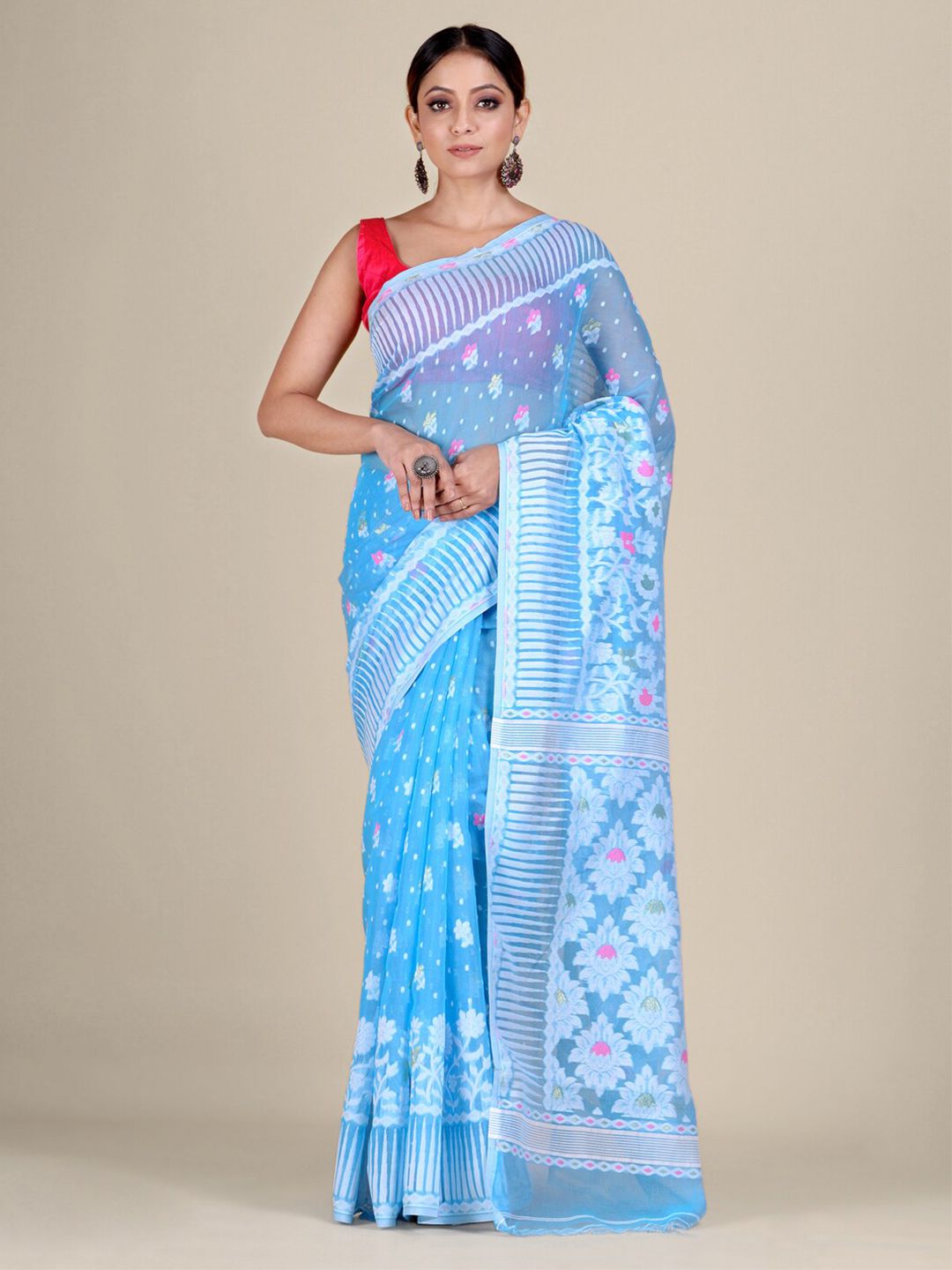 Mitera Sea Green & Pink Woven Design Silk Cotton Jamdani Saree Price in India