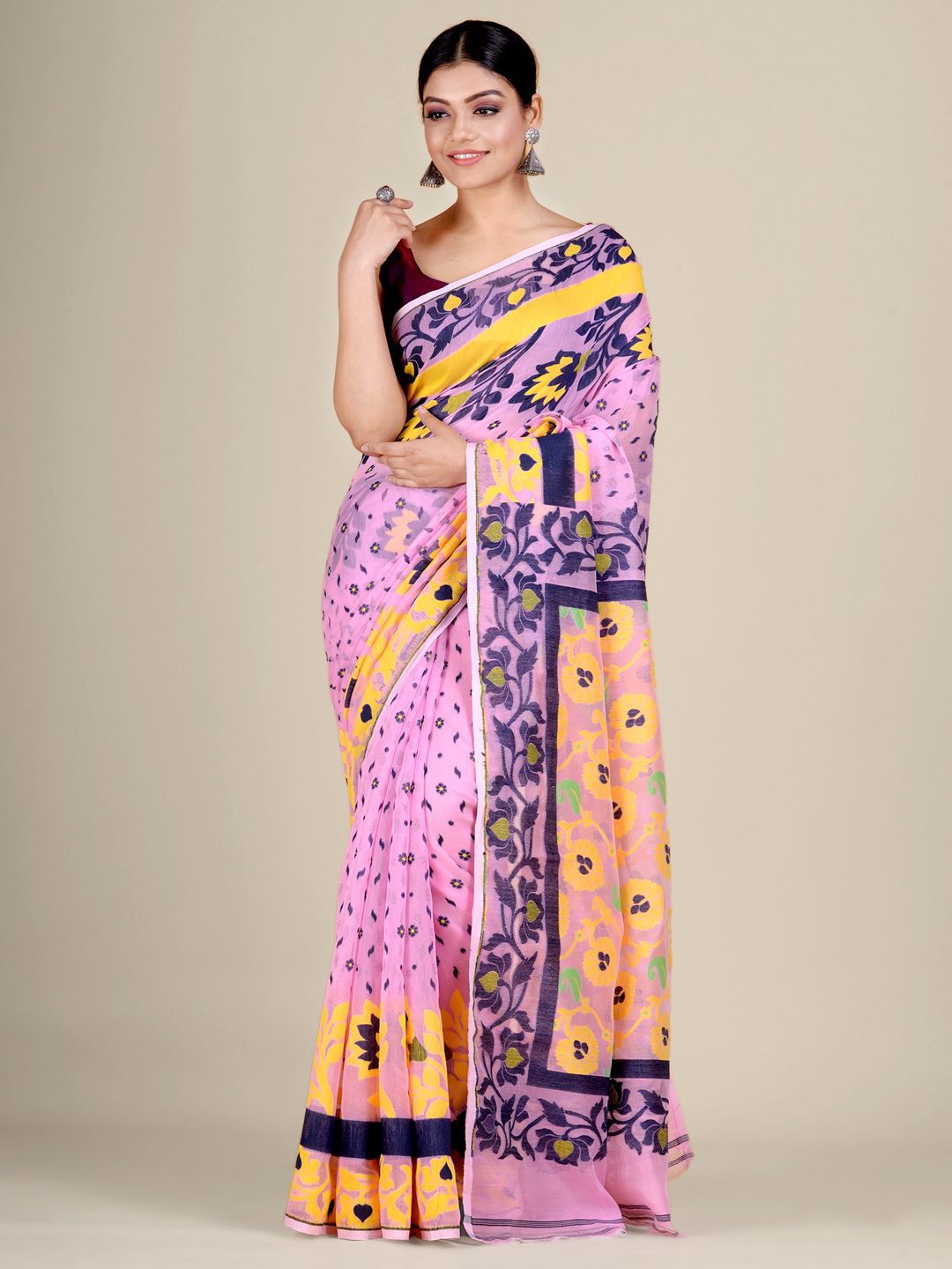 Mitera Pink & Peach-Coloured Woven Design Silk Cotton Jamdani Saree Price in India