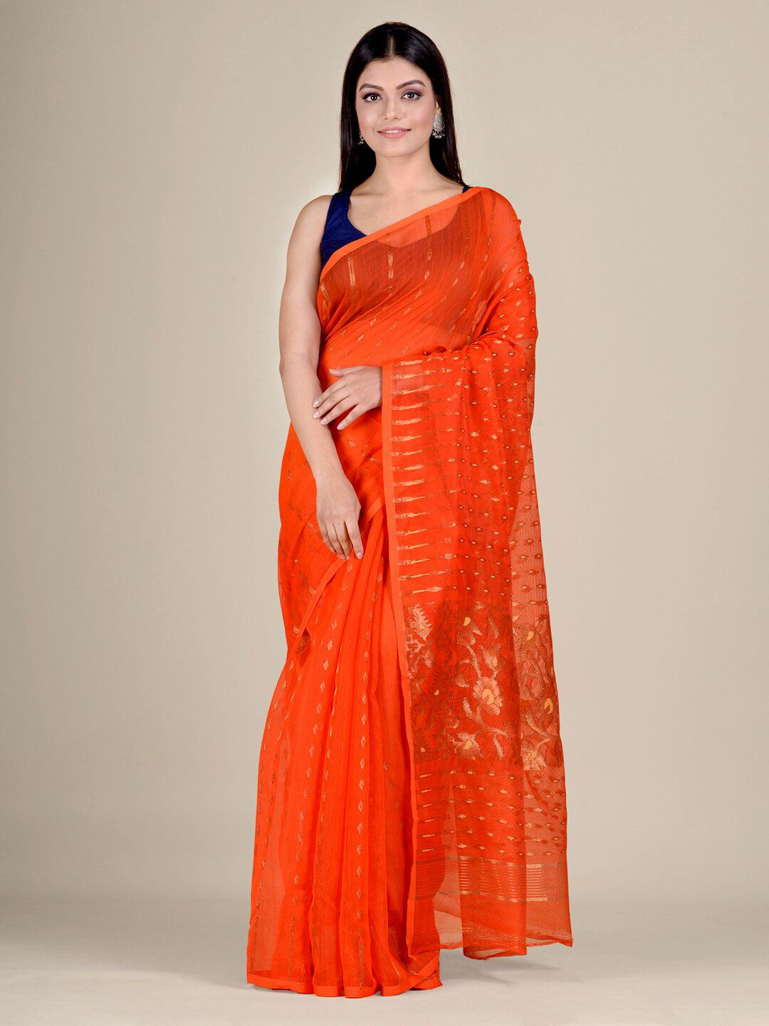 Mitera Orange & Gold Ethnic Motifs Silk Cotton Jamdani Saree Price in India