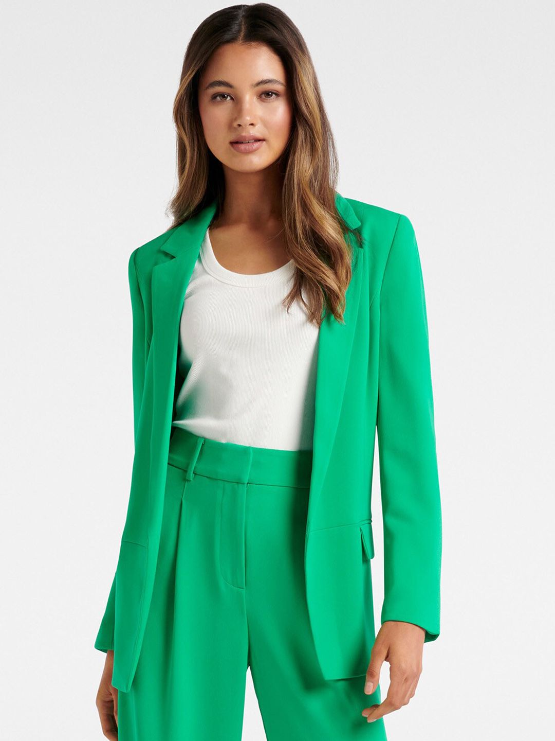 Forever New Women Green Solid Comfort-Fit Open-Front Casual Blazer