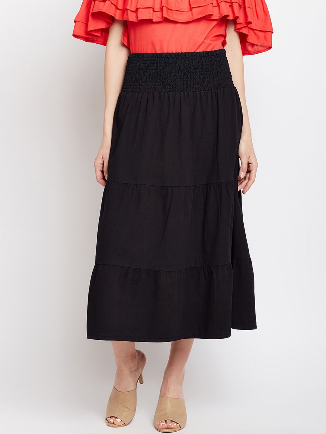 Ruhaans Women Black Solid Pure Cotton Tiered Midi Denim Skirt