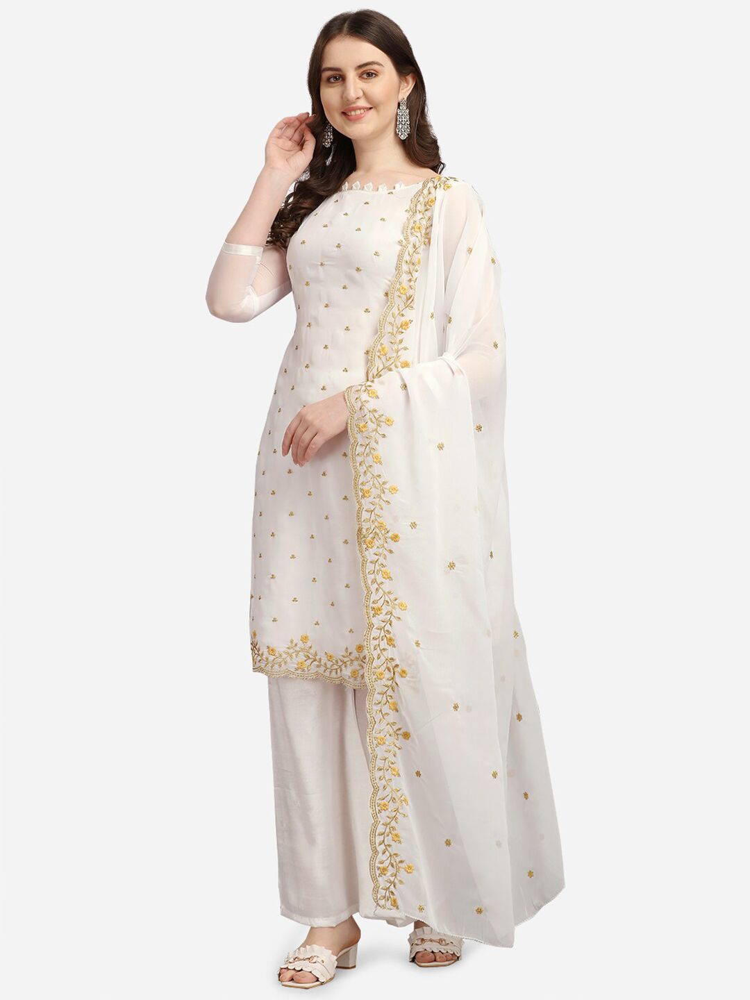 Ethnic Junction White & Gold-Toned Embroidered Unstitched Dress Material Price in India