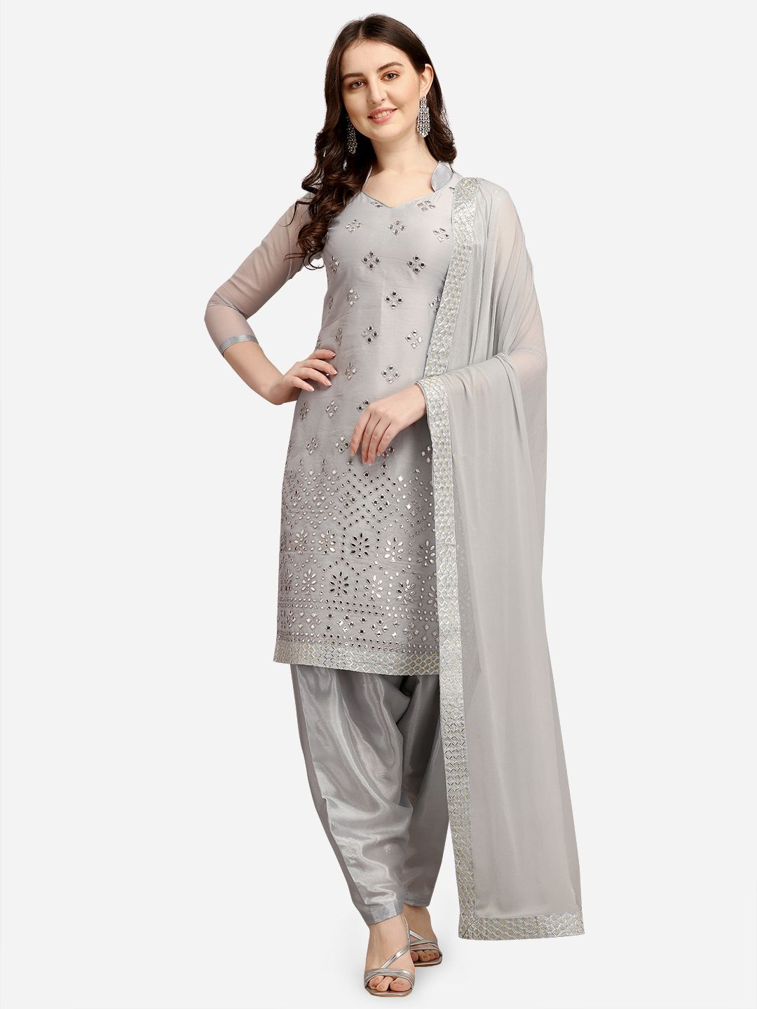 Ethnic Junction Grey & Silver-Toned Embellished Unstitched Dress Material Price in India